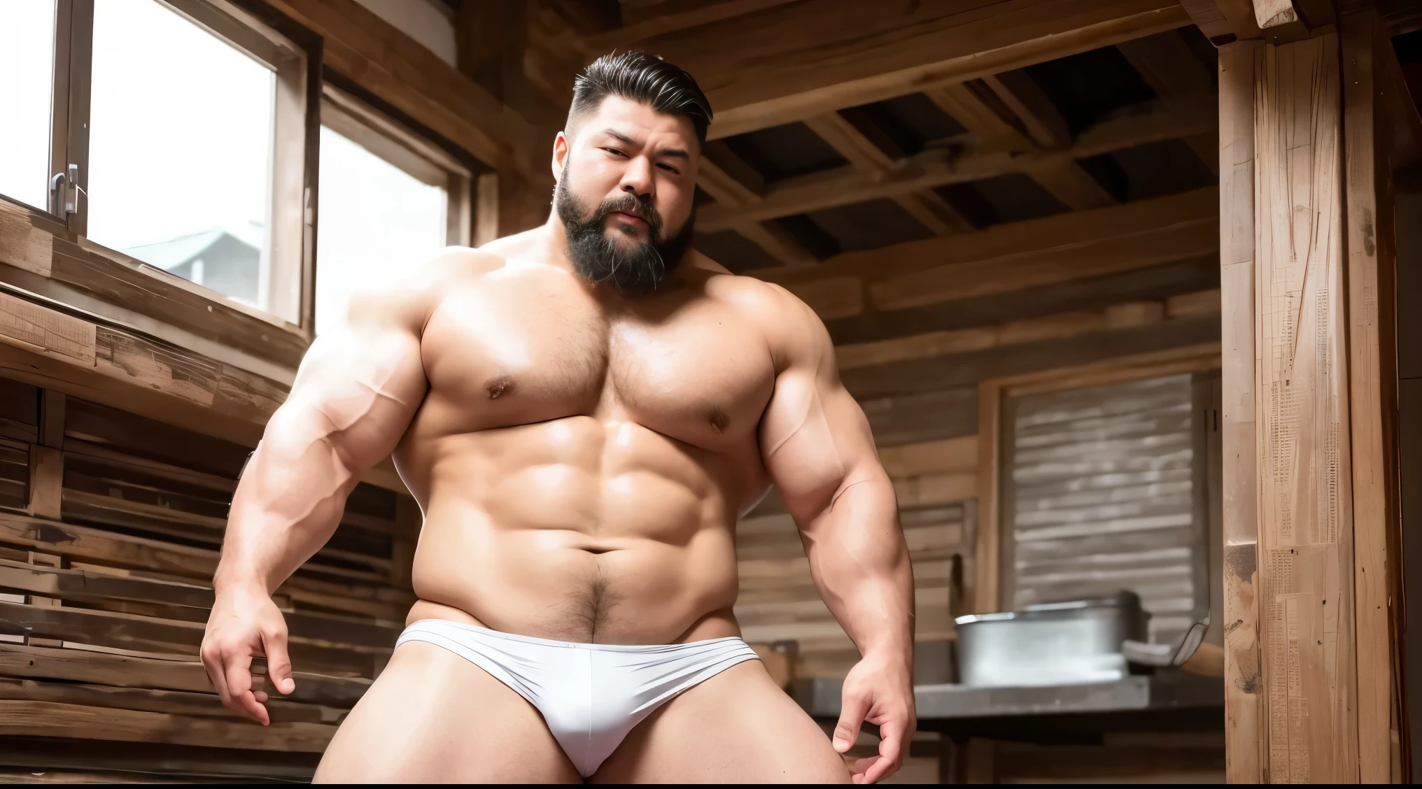 A Chinese 60 years muscle chubby man,short detailed hair, Wearing a white thong,Winter is full of romance。Old buildings become more peaceful and rustic in the snow, mustache,perfect hairy bodies, 非常巨大和强壮the body of the, hulk body type,Bulging muscles, musculous的, Very large pectoral muscles,Very sexy abs,The legs are very muscular,the body of the,Tall and burly,huge bump area,Brighten oily wet skin,musculous。