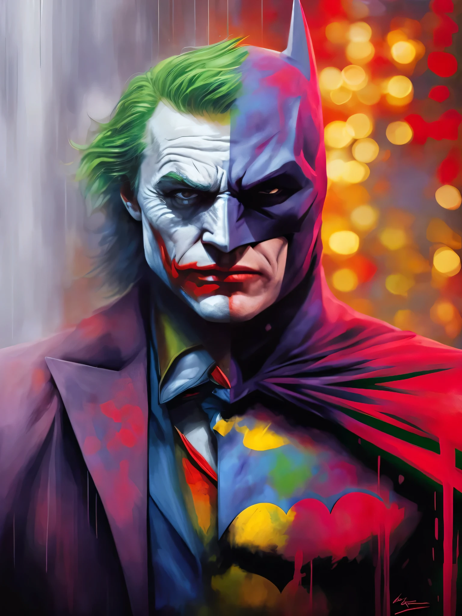Batman and Joker in one half-and-half body, trends on artstation, sharp focus, studio photo, detalhes intrincados, altamente detalhado, de greg rutkowski batman pintura do Clown de terno e gravata, portrait of Clown, portrait of the Clown, batman as the Clown, portrait of a Clown, Arte digital detalhada em 4k, arte colorida do filme, pintura detalhada 4K, Arte digital altamente detalhada em 4k, Clown, estilo de arte da DC Comics, Arte DC, the Clown as batman, Arte altamente detalhada em 4K, the Clown
