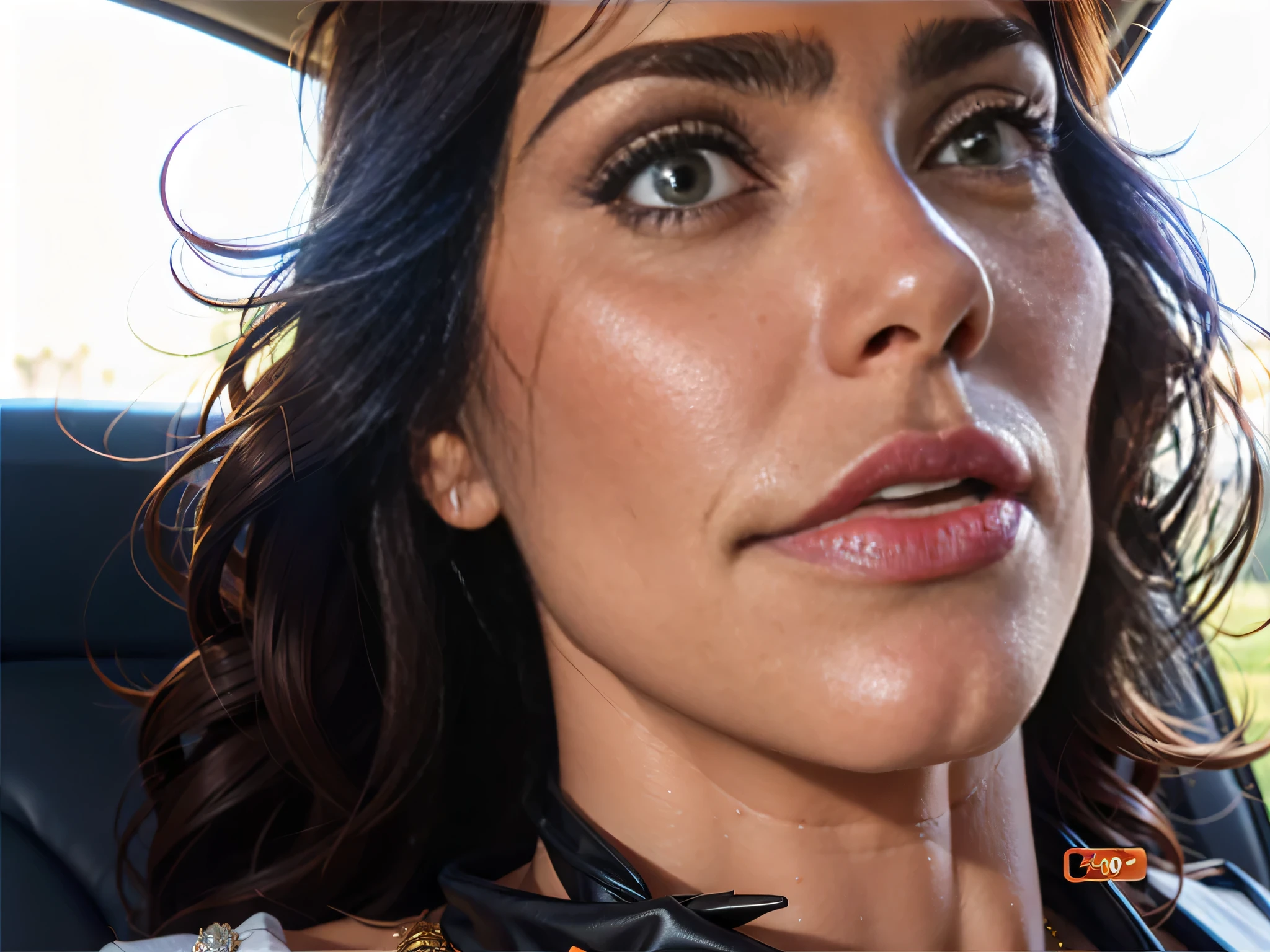 there is a woman sitting in a car with a cell phone, portrait of a Mulheres de 40 anos, Mulheres de 40 anos, foto granulada de uma mulher feia, sem maquiagem, mature facial features, retrato de rosto inteiro em close, mulher feia, neck widened from the lips down, Sandra Chevier, mulher de 3 0 anos