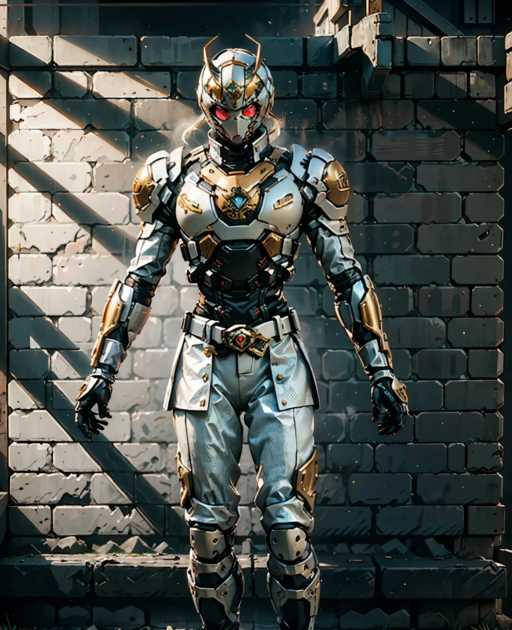 A woman adorned in fantasy-style full-body armor, a crown-concept fully enclosed helmet that unveils only her eyes, a composite layered chest plate, fully encompassing shoulder and hand guards, a lightweight waist armor, form-fitting shin guards, the overall design is heavy-duty yet flexible, the armor gleams with a golden glow, complemented by red and blue accents, exhibiting a noble aura, she floats above a fantasy-surreal high-tech city, this character embodies a finely crafted fantasy-surreal style armored hero in anime style, exquisite and mature manga art style, Queen Bee Concept Armor, ((goddess, femminine:1.5)), long legs, metallic, elegant, high definition, best quality, highres, ultra-detailed, ultra-fine painting, extremely delicate, professional, anatomically correct, symmetrical face, extremely detailed eyes and face, high quality eyes, creativity, RAW photo, UHD, 32k, Natural light, cinematic lighting, masterpiece-anatomy-perfect, masterpiece:1.5