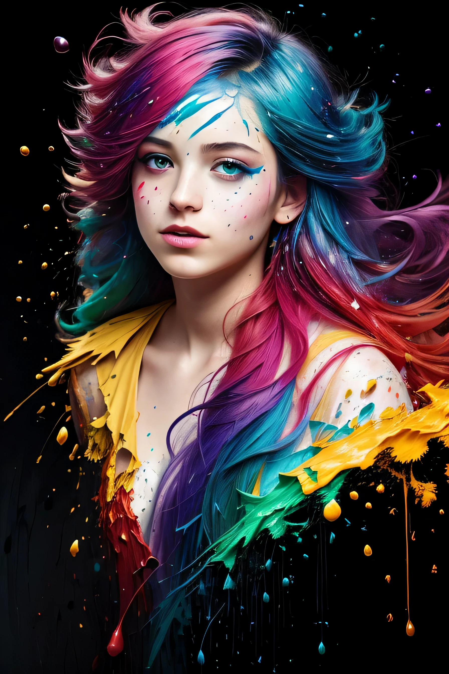 (level difference:1.8),(Paint colliding and splashing on the canvas),(depth of field),1girl's side face blends into it,((side face)),open mouth,(liquid paint rainbow hair:1.1) made of paint and defies gravity,thick flowing,(paint splatter:1.3),Liquid state,stunningly beautiful, masterpiece, detailed background,ultra high quality model, ethereal background,abstract beauty, explosive volumetric, oil painting,heavy strokes,Romantic lighting,Sub-Surface Scatterring,lens 135mm,f1.8,glow,8k,high resolution, dreamy,ray tracing,hdr,god rays,
