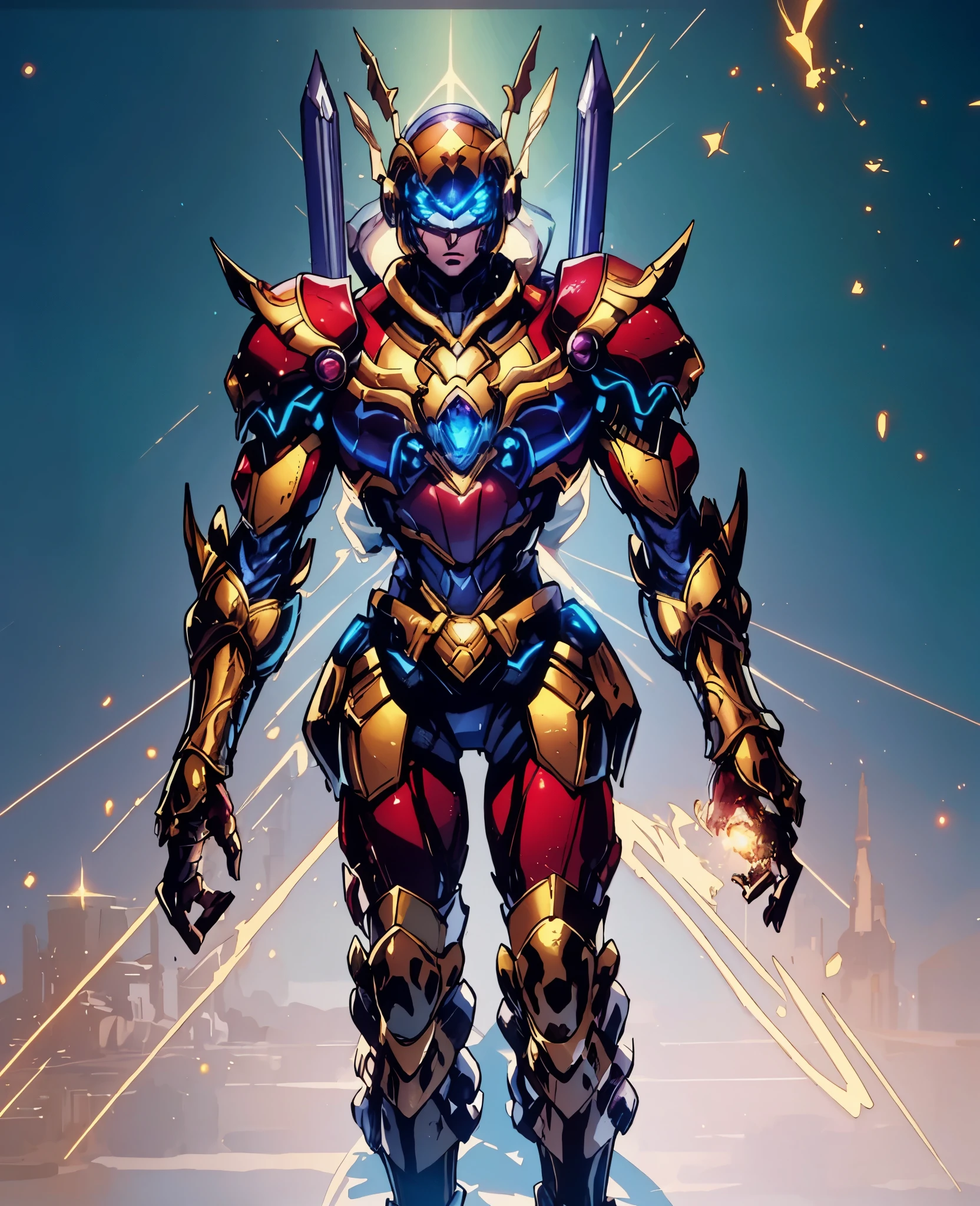 A woman adorned in fantasy-style full-body armor, a crown-concept fully enclosed helmet that unveils only her eyes, a composite layered chest plate, fully encompassing shoulder and hand guards, a lightweight waist armor, form-fitting shin guards, the overall design is heavy-duty yet flexible, the armor gleams with a golden glow, complemented by red and blue accents, exhibiting a noble aura, she floats above a fantasy-surreal high-tech city, this character embodies a finely crafted fantasy-surreal style armored hero in anime style, exquisite and mature manga art style, Queen Bee Concept Armor, ((goddess, femminine:1.4)), long legs, metallic, elegant, high definition, best quality, highres, ultra-detailed, ultra-fine painting, extremely delicate, professional, anatomically correct, symmetrical face, extremely detailed eyes and face, high quality eyes, creativity, RAW photo, UHD, 32k, Natural light, cinematic lighting, masterpiece-anatomy-perfect, masterpiece:1.5