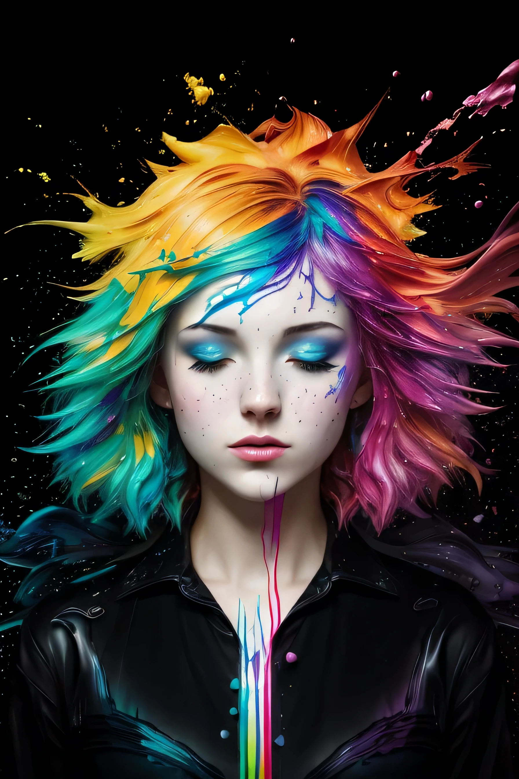 (level difference:1.8),(Paint colliding and splashing on the canvas),(depth of field),1girl's side face blends into it,((side face)),open mouth,(liquid paint rainbow hair:1.1) made of paint and defies gravity,thick flowing,(paint splatter:1.3),Liquid state,stunningly beautiful, masterpiece, detailed background,ultra high quality model, ethereal background,abstract beauty, explosive volumetric, oil painting,heavy strokes,Romantic lighting,Sub-Surface Scatterring,lens 135mm,f1.8,glow,8k,high resolution, dreamy,ray tracing,hdr,god rays,