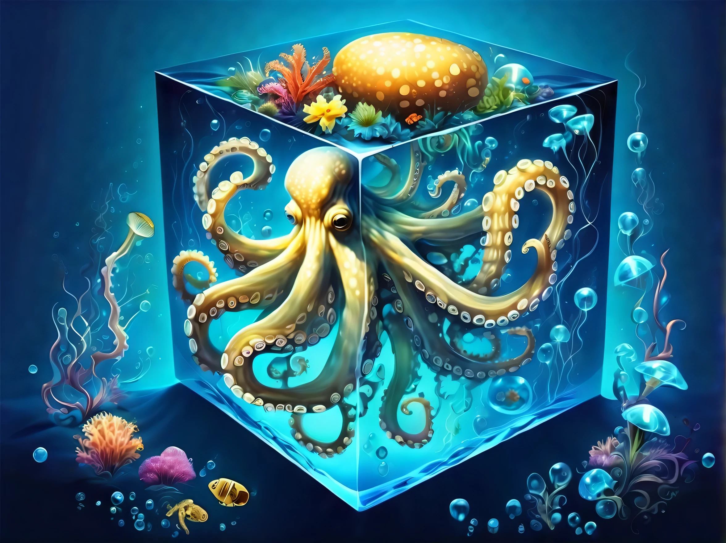 deep ocean in crystal big cube illustration, high quality octopus, blooming neuron fantasy flower, bioluminescent omelet, bevel,