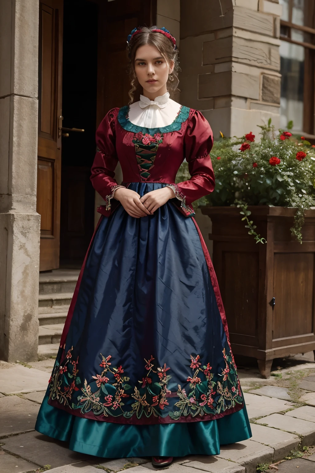 red silk dress, green satin bows, flower embroidery with blue stones, outfit,
edwardian, haute couture outfit, victorian outfit