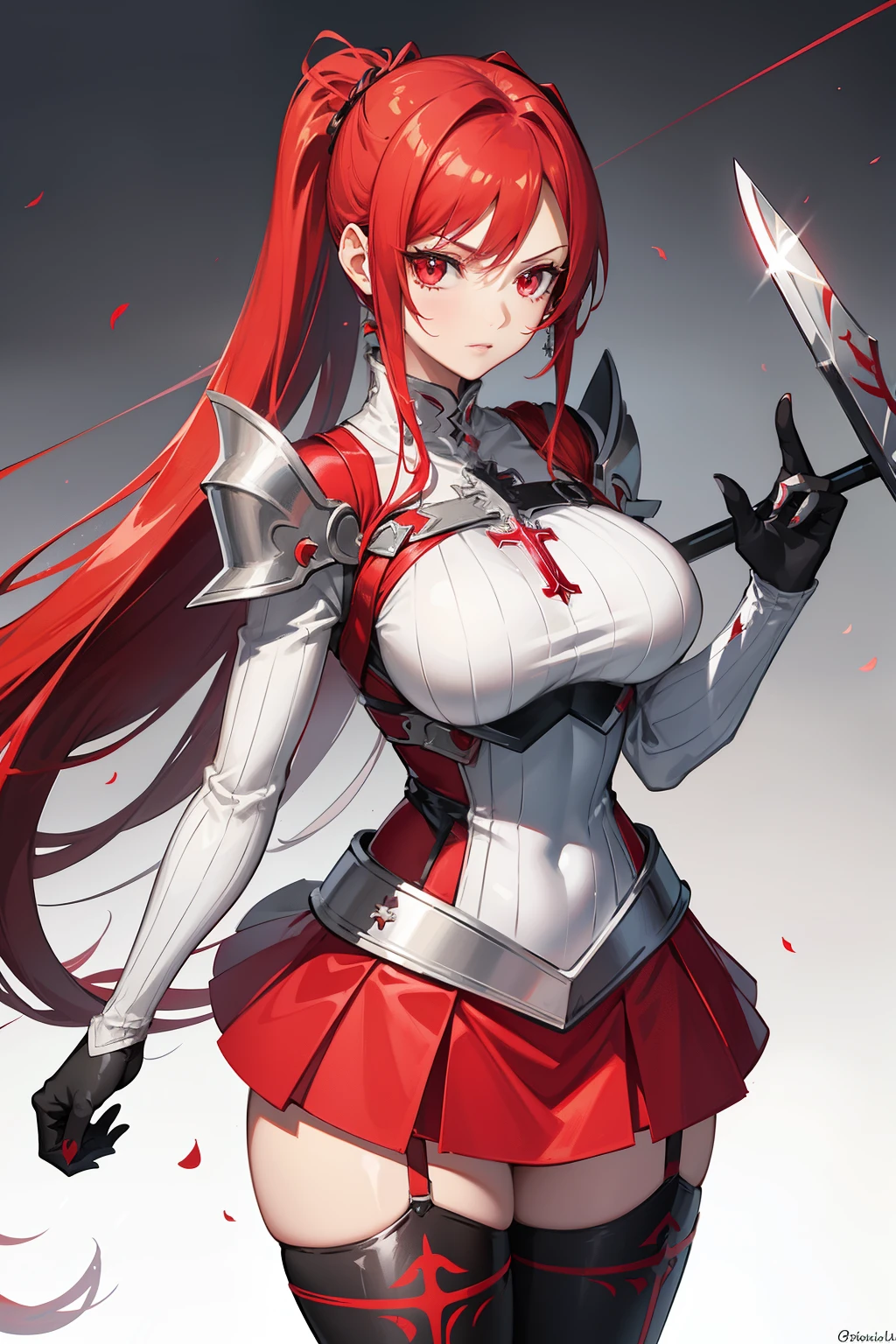 erza scarlet, half silver color steel breast plate with a cross pattern, bright red pupil, super mini battle skirt, holding giant silver boardsword, high pony tail, perfect body shape, 16k, sharp angel aura, steel hand glove, holy tattoo, long silk leggings, scarlet red color hair，silver color stylish Pauldrons