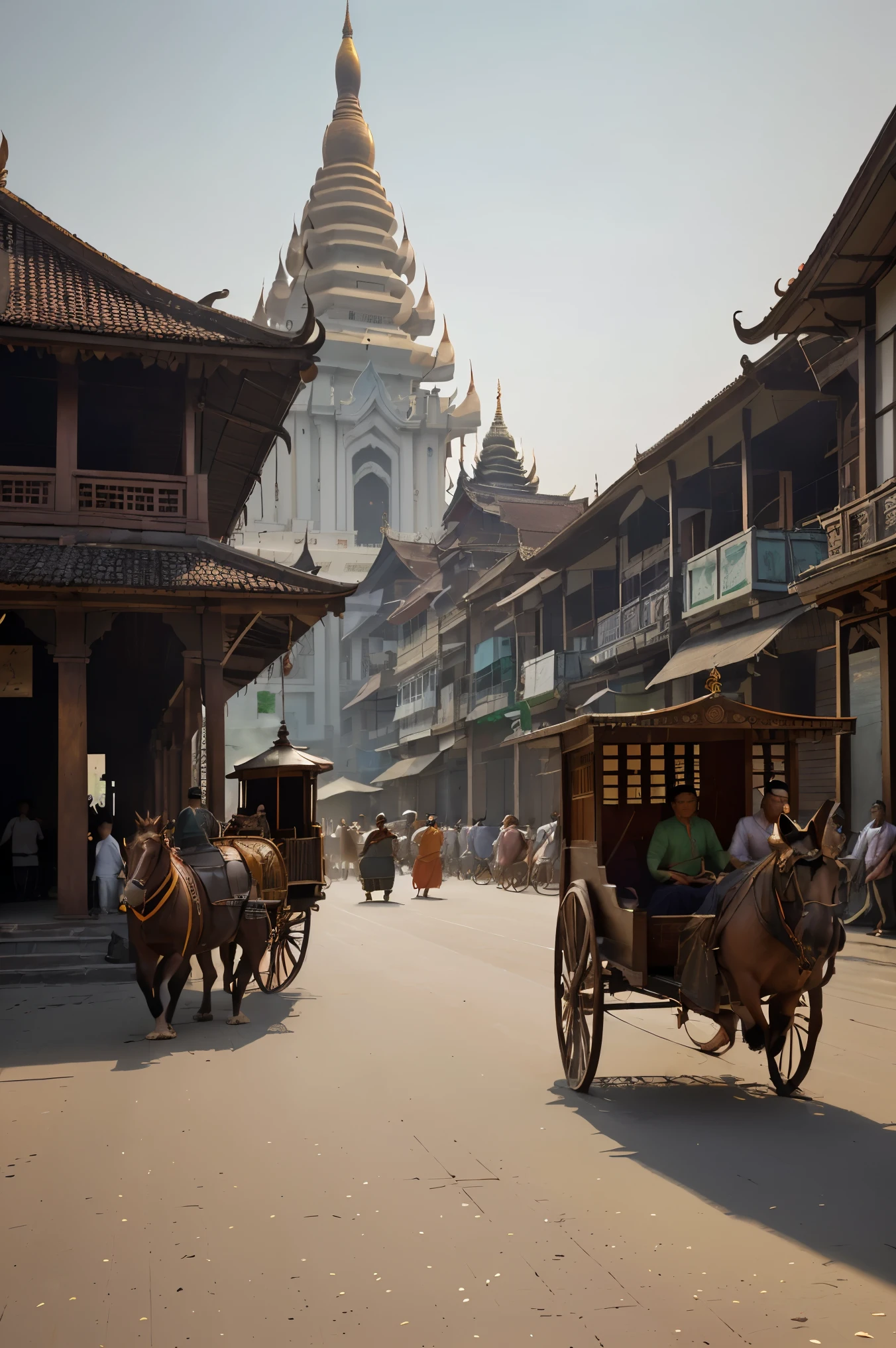 'A hyper-realistic depiction of ancient Yangon city before the colonial era. Render the image with meticulous attention to historical accuracy, capturing the architectural details of traditional Burmese buildings, such as pagodas, monasteries, and wooden houses. Pay special attention to the materials used, such as teak wood and intricately carved designs. Depict the bustling streets with merchants, locals, and traditional modes of transportation like horse-drawn carriages. Experiment with a warm, nostalgic color palette to evoke the ambiance of the bygone era. Utilize soft, diffused lighting to enhance the timeless beauty of the city.'
