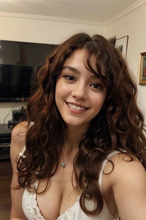 A beautiful and amazing 25-year-old Brazilian girl, white skin, free curls, maroon shorter curly hair, wild long curly hair, multiversal hair, mexican, short curly corinth hair, curly corinth hair, curls, extended wavy hair, baroque curls , curls, curly, curly red hair, hair texture, curly bangs, dressed casually, selfie, background of a living room, slightly blurred photo, smiling and slightly showing teeth