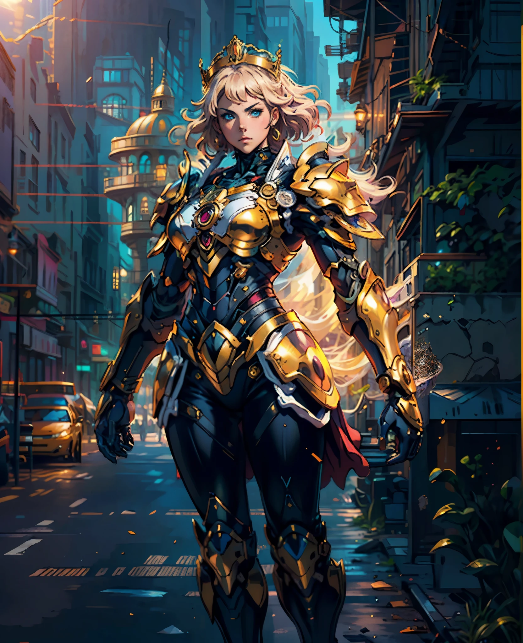 A woman adorned in fantasy-style full-body armor, a crown-concept fully enclosed helmet that unveils only her eyes, a composite layered chest plate, fully encompassing shoulder and hand guards, a lightweight waist armor, form-fitting shin guards, the overall design is heavy-duty yet flexible, the armor gleams with a golden glow, complemented by red and blue accents, exhibiting a noble aura, she floats above a fantasy-surreal high-tech city, this character embodies a finely crafted fantasy-surreal style armored hero in anime style, exquisite and mature manga art style, Queen Bee Concept Armor, ((goddess, femminine)), long legs, metallic, elegant, high definition, best quality, highres, ultra-detailed, ultra-fine painting, extremely delicate, professional, anatomically correct, symmetrical face, extremely detailed eyes and face, high quality eyes, creativity, RAW photo, UHD, 32k, Natural light, cinematic lighting, masterpiece-anatomy-perfect, masterpiece:1.5