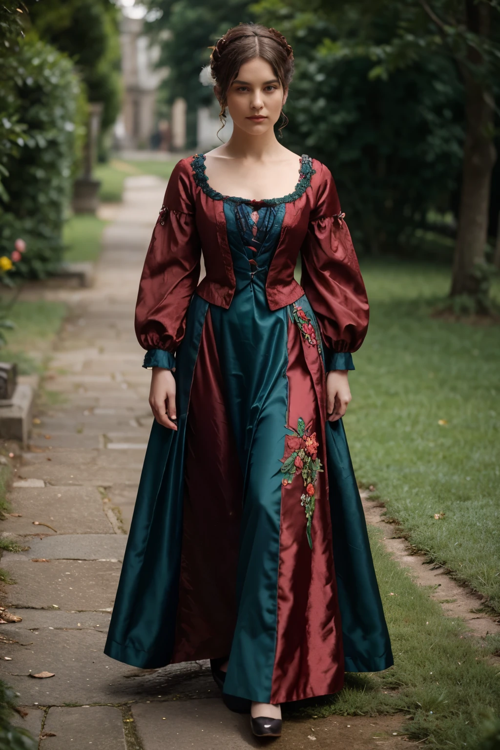 red silk dress, green satin bows, flower embroidery with blue stones, outfit,
 edwardian, haute couture outfit, victorian outfit
