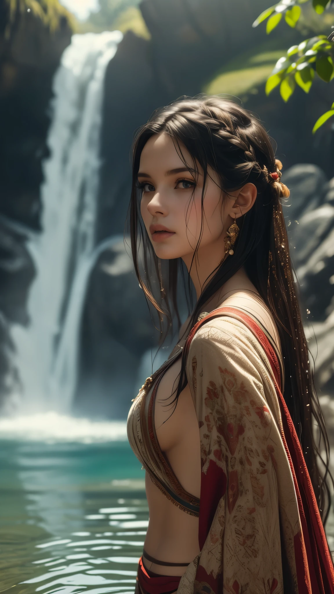 (((ultra realistic))), ((ultra-detailed face and eyes: 1.3)) ,(native girl), with very long thick hair, (feathers in hair), ((few clothes)) , ((indigenous clothing)) , slender body, (wet skin and clothes) , Near the waterfall, rain, mysterious atmosphere (sunlight, day, shadow), contrasting, ((ultra-detailed)), ((Skin detailing)), (scene from a movie about ancient people), 