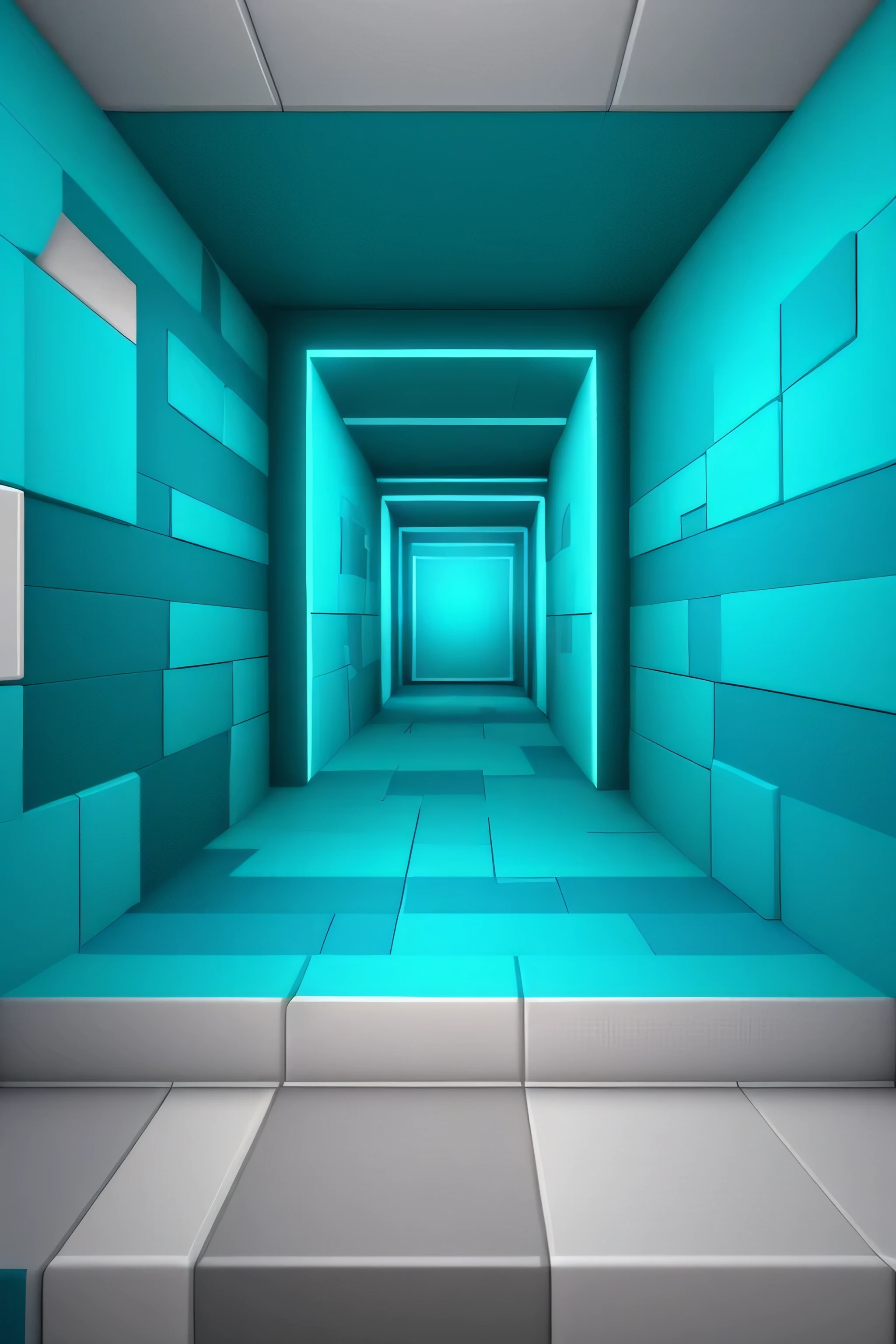 um quarto azul e branco com um grande piso quadrado, liminal space corridor, Portais de cubo, corredor infinito, claustrophobic and futuristic, renderizado em irrealengine, luz dimensional ciano, fundo do corredor da nave espacial, fundo de quarto futurista, renderizado em cinema4d, renderizado em cinema 4 d, arte voxel de alta qualidade, rastreamento de caminho, rastreamento de caminho render