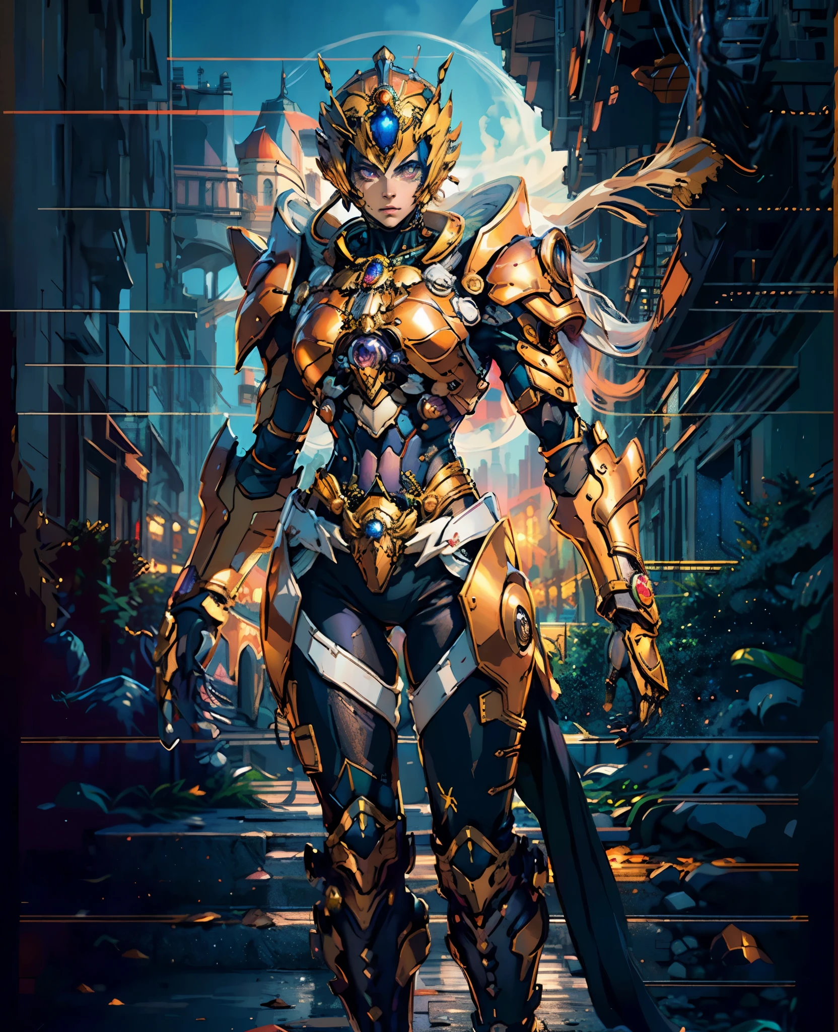 A woman adorned in fantasy-style full-body armor, a crown-concept fully enclosed helmet that unveils only her eyes, a composite layered chest plate, fully encompassing shoulder and hand guards, a lightweight waist armor, form-fitting shin guards, the overall design is heavy-duty yet flexible, the armor gleams with a golden glow, complemented by red and blue accents, exhibiting a noble aura, she floats above a fantasy-surreal high-tech city, this character embodies a finely crafted fantasy-surreal style armored hero in anime style, exquisite and mature manga art style, Queen Bee Concept Armor, ((goddess, femminine)), long legs, metallic, elegant, high definition, best quality, highres, ultra-detailed, ultra-fine painting, extremely delicate, professional, anatomically correct, symmetrical face, extremely detailed eyes and face, high quality eyes, creativity, RAW photo, UHD, 32k, Natural light, cinematic lighting, masterpiece-anatomy-perfect, masterpiece:1.5