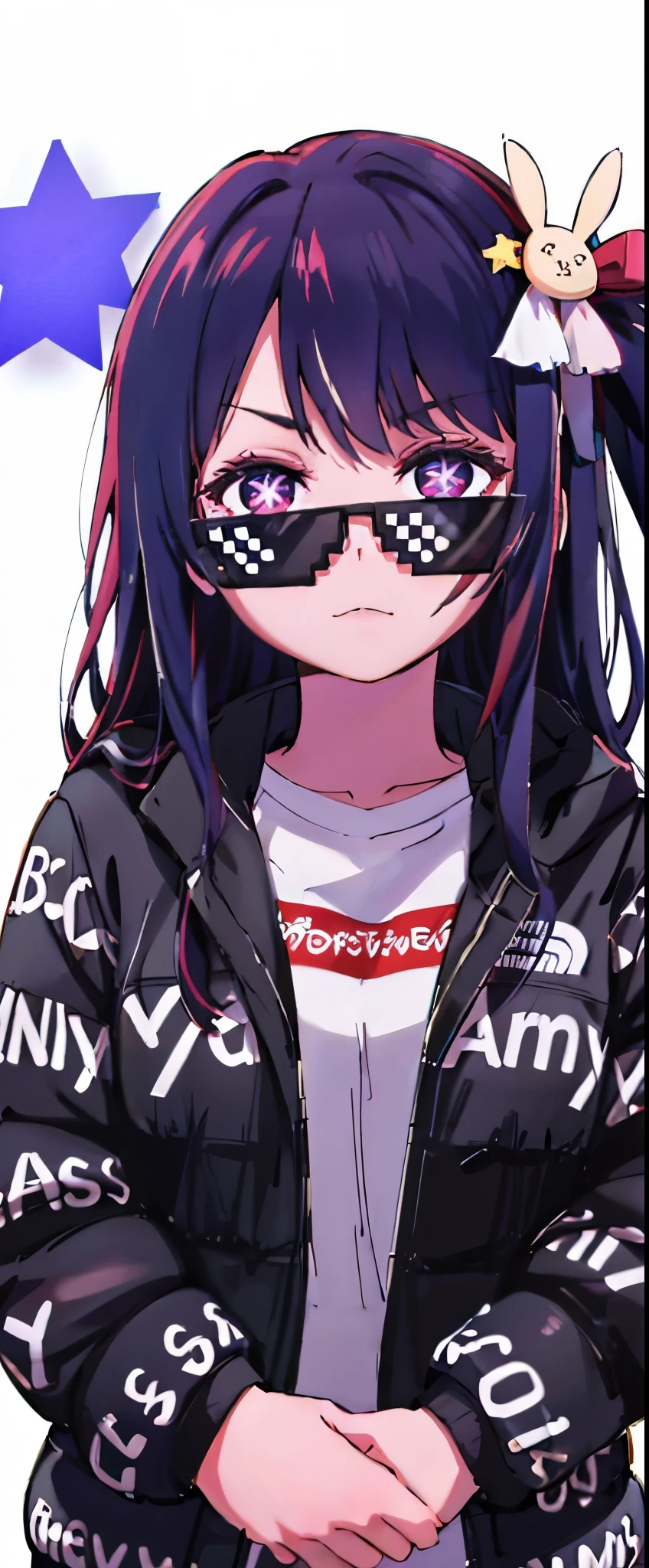 1 solo Hoshino Ai, long hair, purple hair, streaked hair ,purple eyes, star-shaped pupils, hair ornament, incrsdealwithit
sunglasses dripjacket
own hands together