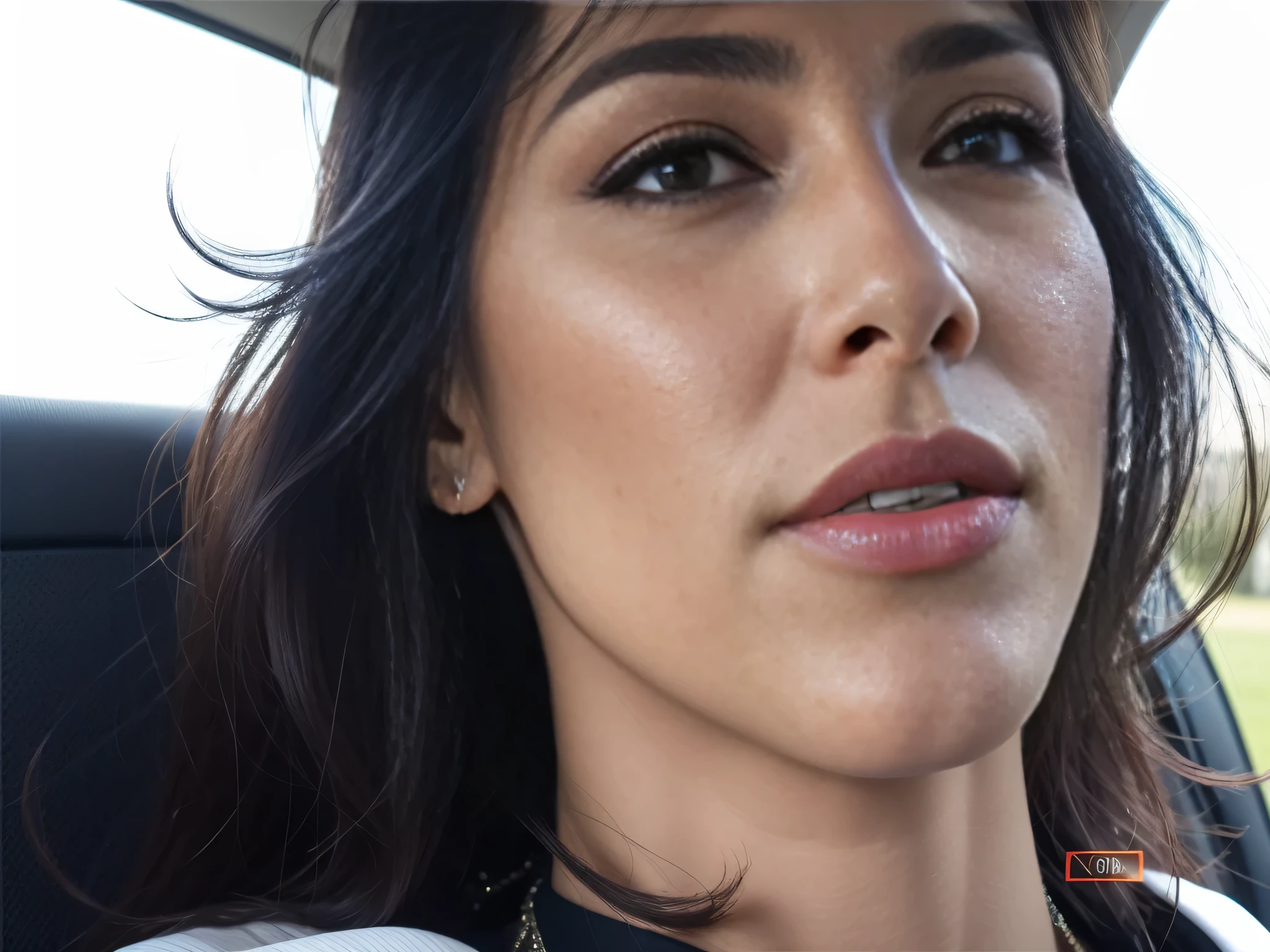 there is a woman sitting in a car with a cell phone, retrato de uma mulher de 40 anos, mulheres na casa dos 40, grainy photo of a Lindo woman, sem maquiagem, mature  features, retrato de close-up de rosto inteiro, Lindo woman, enlarged neck, lips down, mulher de 30 anos. Uma mulher com pele branca e cabelos escuros. ela tem cerca de 35 anos. your lips are slightly plump, your eyes are dark brown. Corpo fino, cintura fina. Altamente realista, Lindo, slightly full lips, batom cor de rosa, sorridente, hiperrealismo, pele muito elaborada. foto de corpo inteiro, Limpar foto, alta qualidade, high resolution, obra de arte, 8k