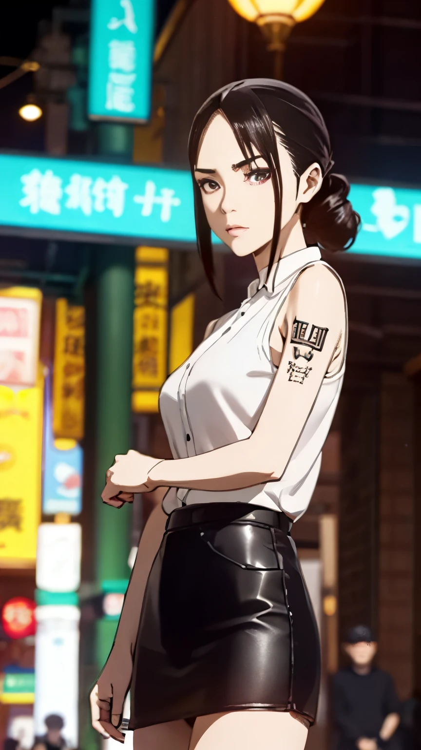 香港の路上にいるGang boss， A group of gang members stood behind，angry look，mixed korean，background is blurry，focal，movie lighting，(((master piece))), ((best quality)), ((intricate and detailed)), ((ultra realistic realism)), ridiculous solution, mature woman, mature woman, See-through, very detailed, enlightenment, 1 girl, (huge tit), thin waist and thick hips，long legs，beautiful and fine eyes, short and fine hair, brunette colored hair, purple eyes, (confused boy set:1.2),Leather Vest，leather pants，leather skirt，naked，KK，race，Has tattoos，arm with tattoo，Full of tattoos，gangs in hong kong，Chen Haonan，triad，Causeway Bay has a handle，gangster women in hong kong，underworld，Full tattoo，Gang boss，sunglasses，And there is blood in the corners of your mouth，gangstar，Confused boy，Bloody violence，Sexy and feminine，（No underwear），panties, Detailed background, perfect eyes, enchanting eyes, （nice hands），detailed hands，looking at the viewer，from the front，Wear the lights，（underworld），Confused boy，Behind him stood a large group of subordinates，