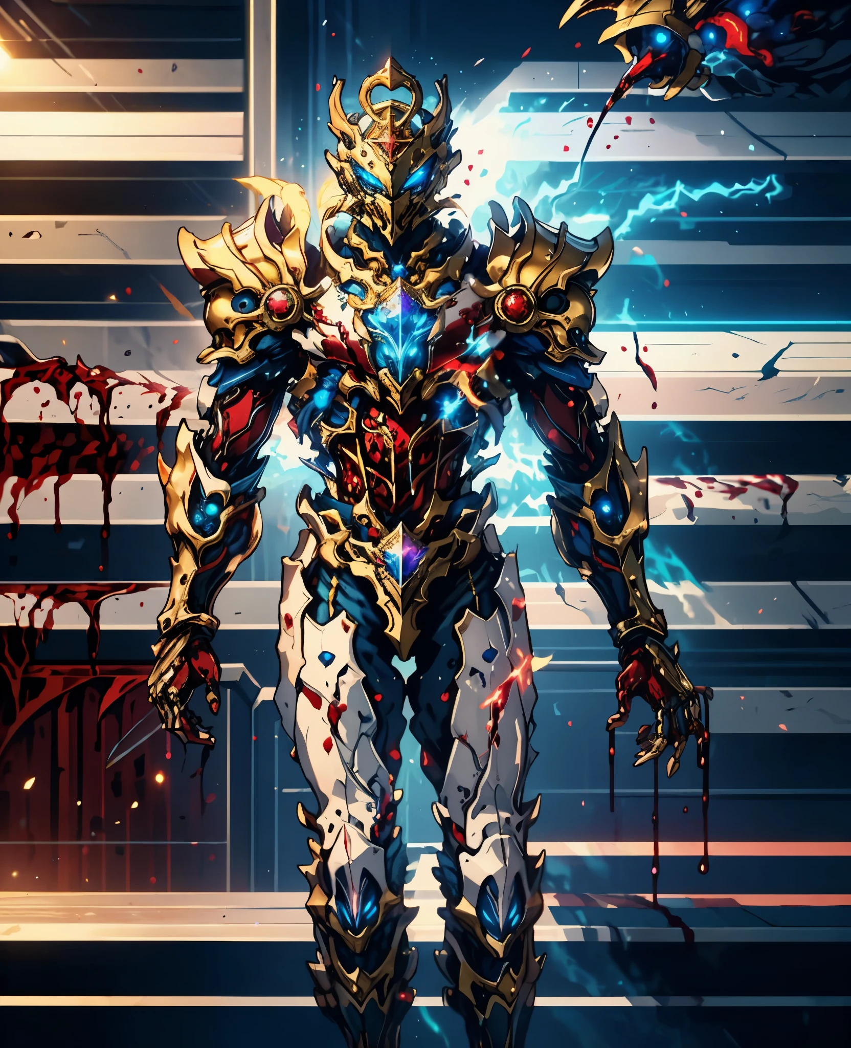 A woman adorned in fantasy-style full-body armor, a crown-concept fully enclosed helmet that unveils only her eyes, a composite layered chest plate, fully encompassing shoulder and hand guards, a lightweight waist armor, form-fitting shin guards, the overall design is heavy-duty yet flexible, the armor gleams with a golden glow, complemented by red and blue accents, exhibiting a noble aura, she floats above a fantasy-surreal high-tech city, this character embodies a finely crafted fantasy-surreal style armored hero in anime style, exquisite and mature manga art style, Queen Bee Concept Armor, ((bio mecha, blood, goddess, femminine)), long legs, metallic, elegant, high definition, best quality, highres, ultra-detailed, ultra-fine painting, extremely delicate, professional, anatomically correct, symmetrical face, extremely detailed eyes and face, high quality eyes, creativity, RAW photo, UHD, 32k, Natural light, cinematic lighting, masterpiece-anatomy-perfect, masterpiece:1.5