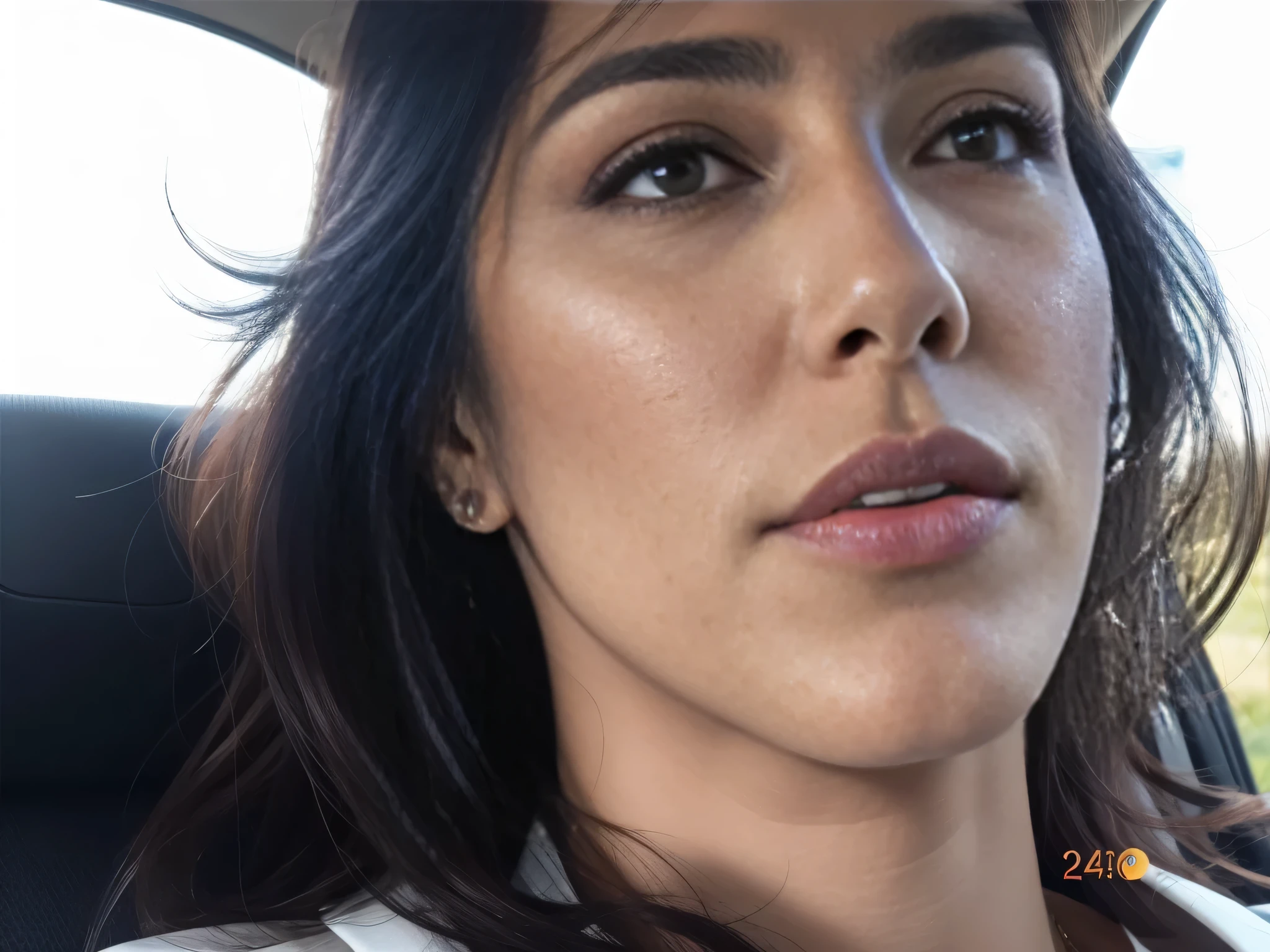 there is a woman sitting in a car with a cell phone, retrato de uma mulher de 40 anos, mulheres na casa dos 40, grainy photo of a Lindo woman, sem maquiagem, mature facial features, retrato de close-up de rosto inteiro, Lindo woman, enlarged neck, lips down, mulher de 30 anos. Uma mulher com pele branca e cabelos escuros. ela tem cerca de 35 anos. your lips are slightly plump, your eyes are dark brown. Corpo fino, cintura fina. Altamente realista, Lindo, slightly full lips, batom cor de rosa, sorridente, hiperrealismo, pele muito elaborada. foto de corpo inteiro, Limpar foto, alta qualidade, high resolution, obra de arte, 8k