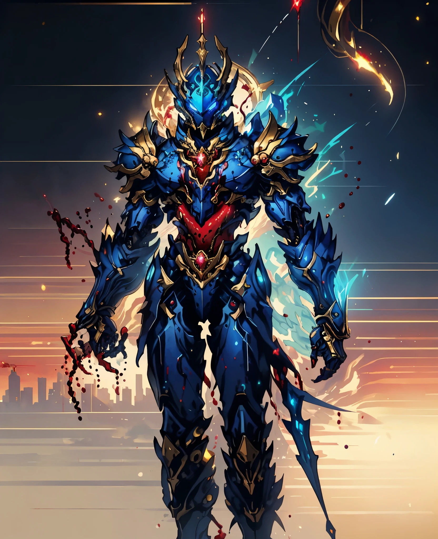 A woman adorned in fantasy-style full-body armor, a crown-concept fully enclosed helmet that unveils only her eyes, a composite layered chest plate, fully encompassing shoulder and hand guards, a lightweight waist armor, form-fitting shin guards, the overall design is heavy-duty yet flexible, the armor gleams with a golden glow, complemented by red and blue accents, exhibiting a noble aura, she floats above a fantasy-surreal high-tech city, this character embodies a finely crafted fantasy-surreal style armored hero in anime style, exquisite and mature manga art style, Queen Bee Concept Armor, ((bio mecha, blood, goddess, femminine:1.5)), long legs, metallic, elegant, high definition, best quality, highres, ultra-detailed, ultra-fine painting, extremely delicate, professional, anatomically correct, symmetrical face, extremely detailed eyes and face, high quality eyes, creativity, RAW photo, UHD, 32k, Natural light, cinematic lighting, masterpiece-anatomy-perfect, masterpiece:1.5