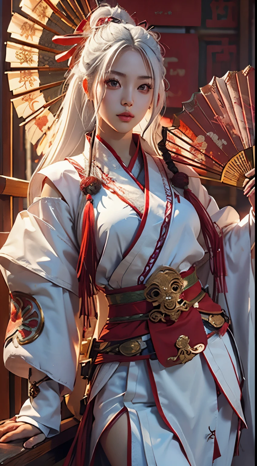 photorealistic, high resolution, Momoka Nishina, solo, hips up, look at viewer, (detailed face), white hair, long hair, shiranui_mai_suit, pelvic curtain,hand fan, huowu, red clothes
