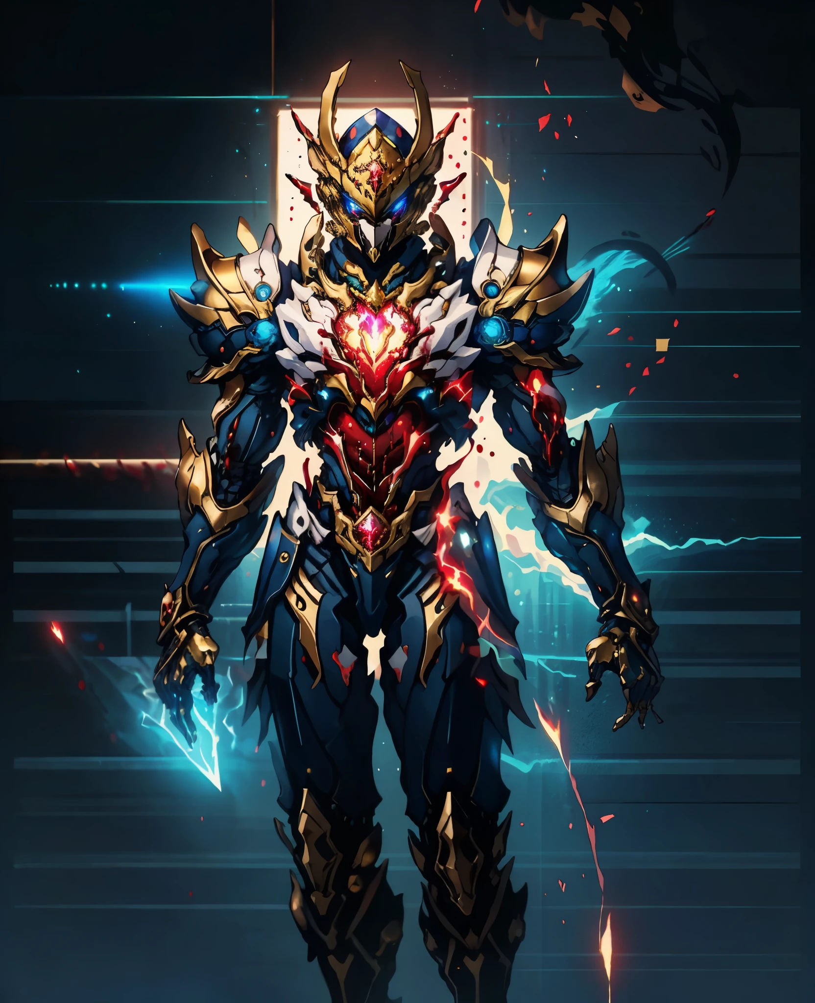 A woman adorned in fantasy-style full-body armor, a crown-concept fully enclosed helmet that unveils only her eyes, a composite layered chest plate, fully encompassing shoulder and hand guards, a lightweight waist armor, form-fitting shin guards, the overall design is heavy-duty yet flexible, the armor gleams with a golden glow, complemented by red and blue accents, exhibiting a noble aura, she floats above a fantasy-surreal high-tech city, this character embodies a finely crafted fantasy-surreal style armored hero in anime style, exquisite and mature manga art style, Queen Bee Concept Armor, ((bio mecha, blood, goddess, femminine:1.5)), long legs, metallic, elegant, high definition, best quality, highres, ultra-detailed, ultra-fine painting, extremely delicate, professional, anatomically correct, symmetrical face, extremely detailed eyes and face, high quality eyes, creativity, RAW photo, UHD, 32k, Natural light, cinematic lighting, masterpiece-anatomy-perfect, masterpiece:1.5