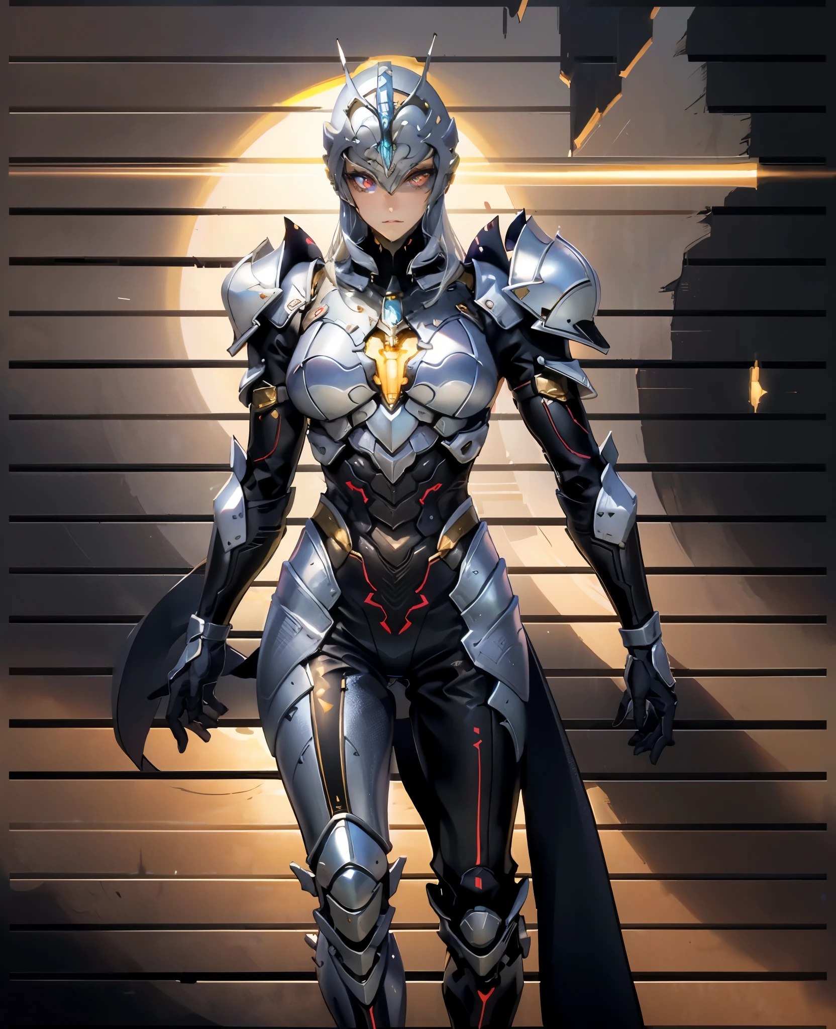 A woman adorned in fantasy-style full-body armor, a crown-concept fully enclosed helmet that unveils only her eyes, a composite layered chest plate, fully encompassing shoulder and hand guards, a lightweight waist armor, form-fitting shin guards, the overall design is heavy-duty yet flexible, the armor gleams with a golden glow, complemented by red and blue accents, exhibiting a noble aura, she floats above a fantasy-surreal high-tech city, this character embodies a finely crafted fantasy-surreal style armored hero in anime style, exquisite and mature manga art style, Queen Bee Concept Armor, ((goddess, femminine)), long legs, metallic, elegant, high definition, best quality, highres, ultra-detailed, ultra-fine painting, extremely delicate, professional, anatomically correct, symmetrical face, extremely detailed eyes and face, high quality eyes, creativity, RAW photo, UHD, 32k, Natural light, cinematic lighting, masterpiece-anatomy-perfect, masterpiece:1.5