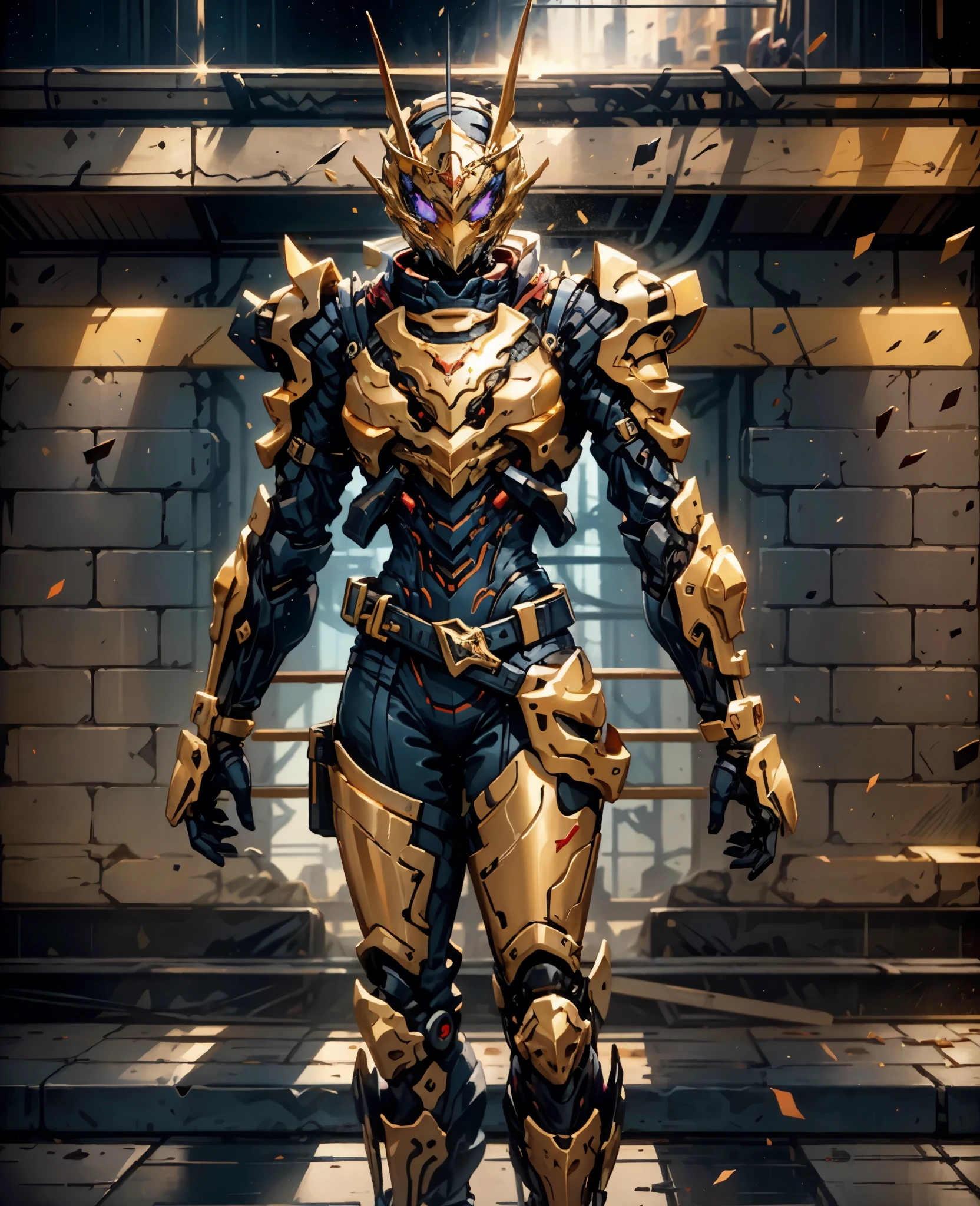 A woman adorned in fantasy-style full-body armor, a crown-concept fully enclosed helmet that unveils only her eyes, a composite layered chest plate, fully encompassing shoulder and hand guards, a lightweight waist armor, form-fitting shin guards, the overall design is heavy-duty yet flexible, the armor gleams with a golden glow, complemented by red and blue accents, exhibiting a noble aura, she floats above a fantasy-surreal high-tech city, this character embodies a finely crafted fantasy-surreal style armored hero in anime style, exquisite and mature manga art style, Queen Bee Concept Armor, ((goddess, femminine)), long legs, metallic, elegant, high definition, best quality, highres, ultra-detailed, ultra-fine painting, extremely delicate, professional, anatomically correct, symmetrical face, extremely detailed eyes and face, high quality eyes, creativity, RAW photo, UHD, 32k, Natural light, cinematic lighting, masterpiece-anatomy-perfect, masterpiece:1.5