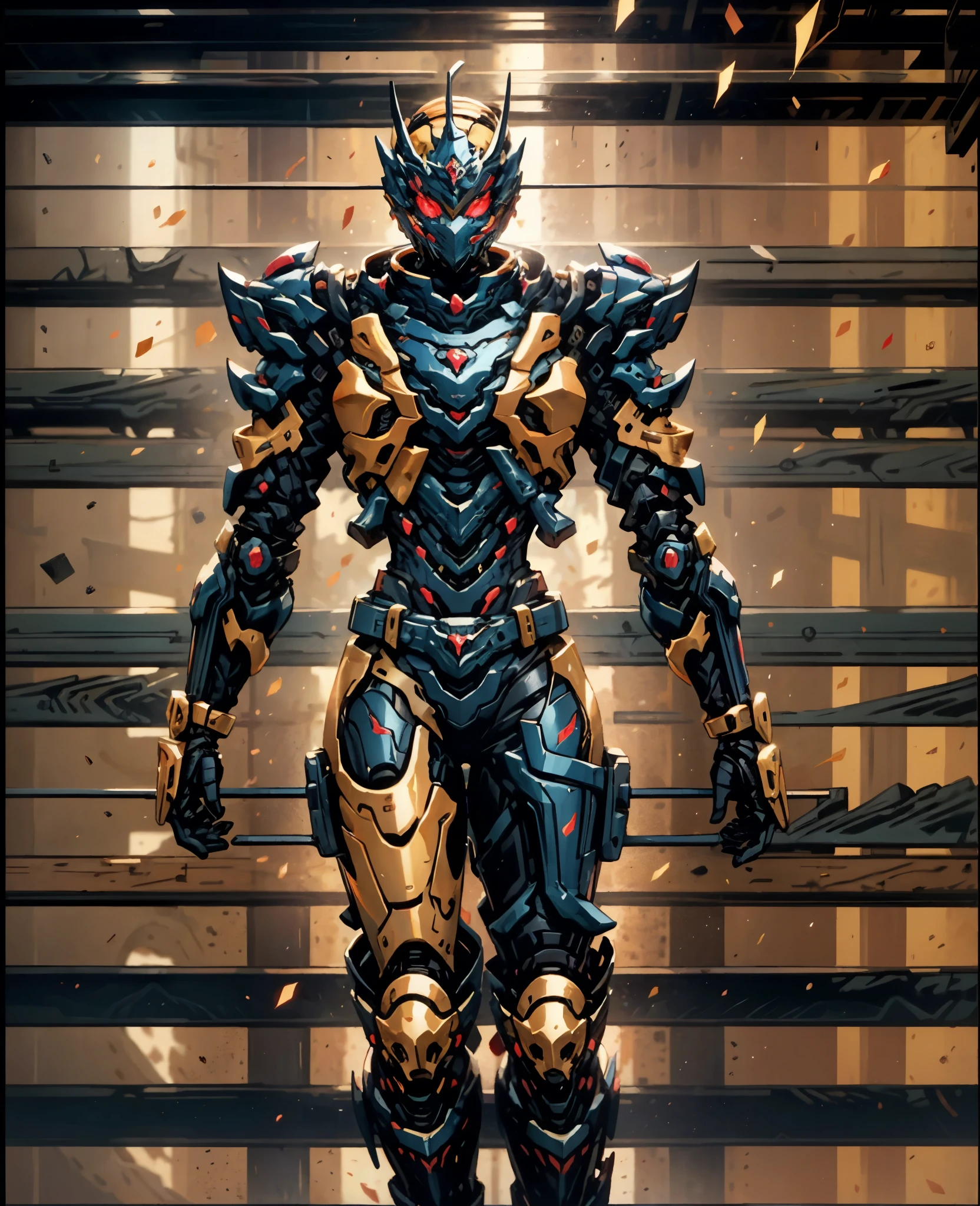 A woman adorned in fantasy-style full-body armor, a crown-concept fully enclosed helmet that unveils only her eyes, a composite layered chest plate, fully encompassing shoulder and hand guards, a lightweight waist armor, form-fitting shin guards, the overall design is heavy-duty yet flexible, the armor gleams with a golden glow, complemented by red and blue accents, exhibiting a noble aura, she floats above a fantasy-surreal high-tech city, this character embodies a finely crafted fantasy-surreal style armored hero in anime style, exquisite and mature manga art style, Queen Bee Concept Armor, ((goddess, femminine:1.5)), long legs, metallic, elegant, high definition, best quality, highres, ultra-detailed, ultra-fine painting, extremely delicate, professional, anatomically correct, symmetrical face, extremely detailed eyes and face, high quality eyes, creativity, RAW photo, UHD, 32k, Natural light, cinematic lighting, masterpiece-anatomy-perfect, masterpiece:1.5
