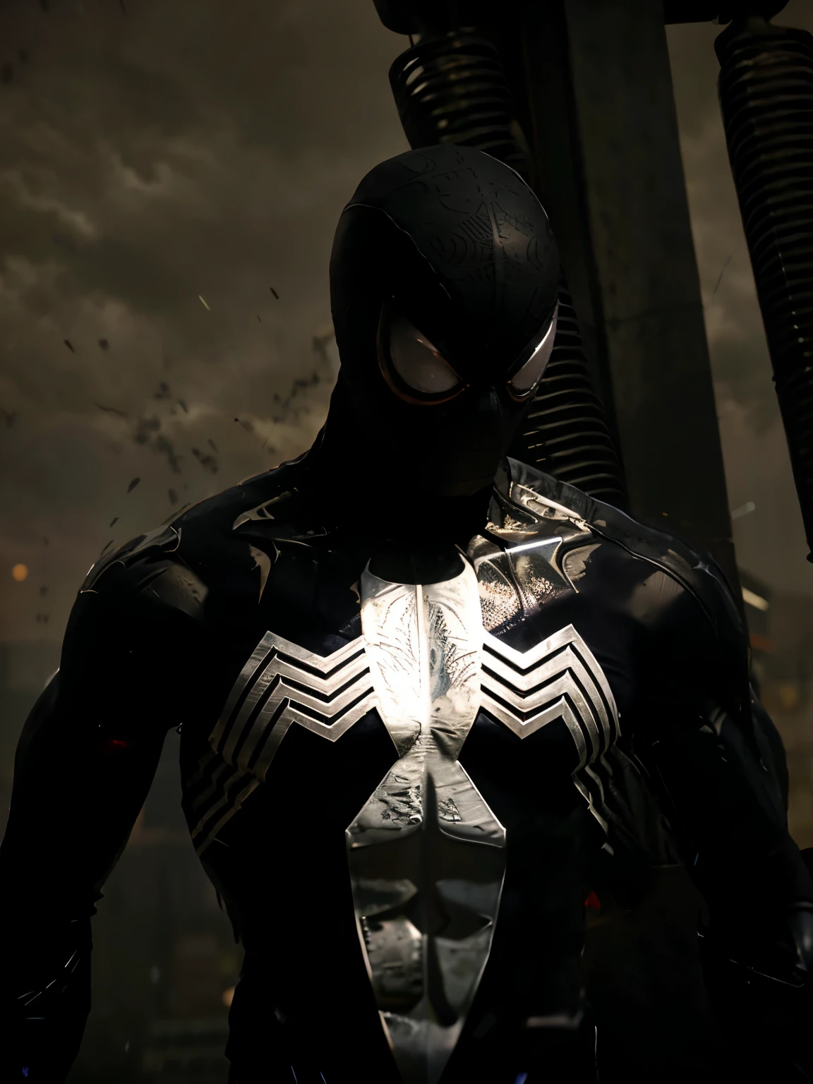 Symbiote spiderman looking down as rain falls with lightning and thunder 