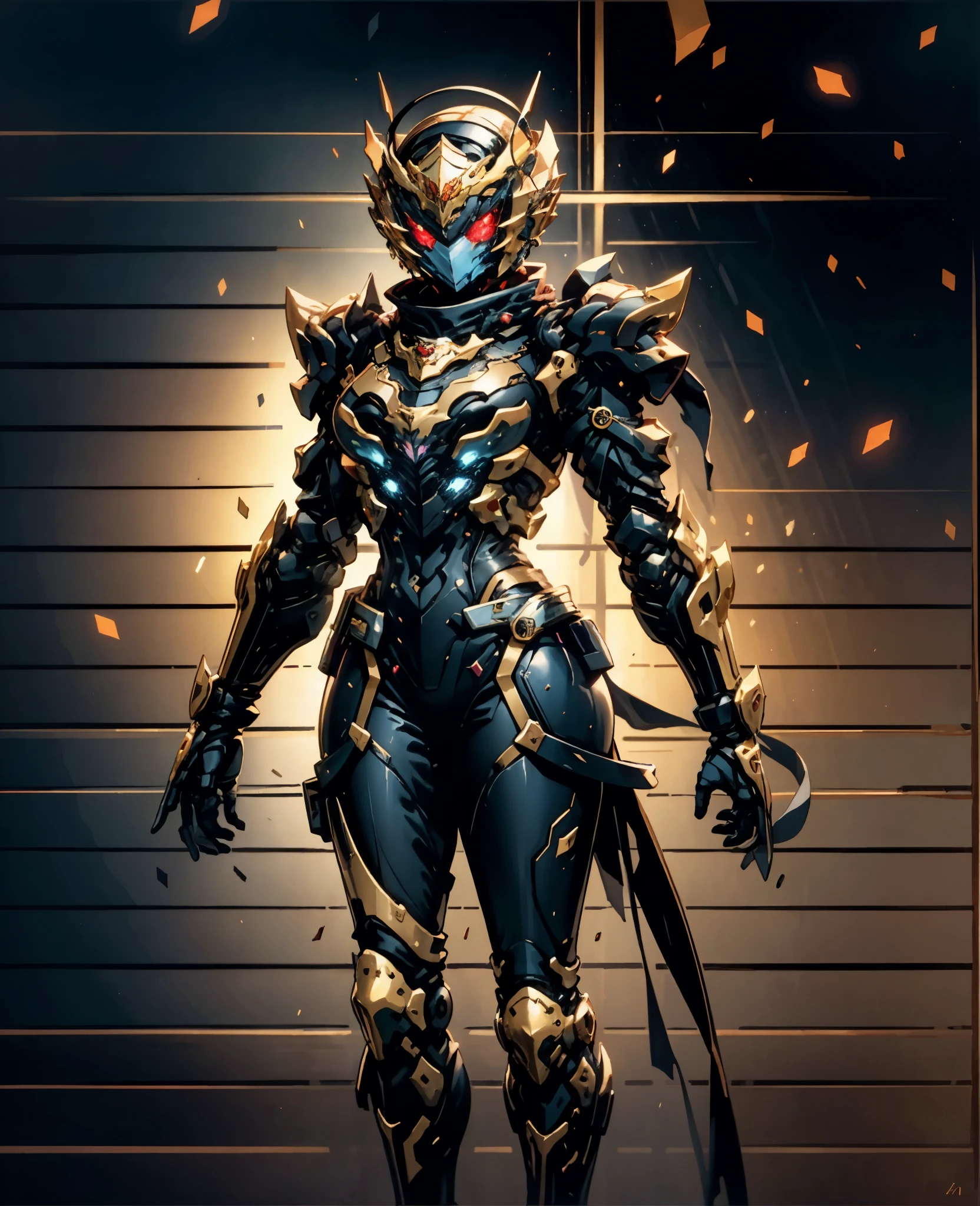 A woman adorned in fantasy-style full-body armor, a crown-concept fully enclosed helmet that unveils only her eyes, a composite layered chest plate, fully encompassing shoulder and hand guards, a lightweight waist armor, form-fitting shin guards, the overall design is heavy-duty yet flexible, the armor gleams with a golden glow, complemented by red and blue accents, exhibiting a noble aura, she floats above a fantasy-surreal high-tech city, this character embodies a finely crafted fantasy-surreal style armored hero in anime style, exquisite and mature manga art style, Queen Bee Concept Armor, ((goddess, femminine)), long legs, metallic, elegant, high definition, best quality, highres, ultra-detailed, ultra-fine painting, extremely delicate, professional, anatomically correct, symmetrical face, extremely detailed eyes and face, high quality eyes, creativity, RAW photo, UHD, 32k, Natural light, cinematic lighting, masterpiece-anatomy-perfect, masterpiece:1.5