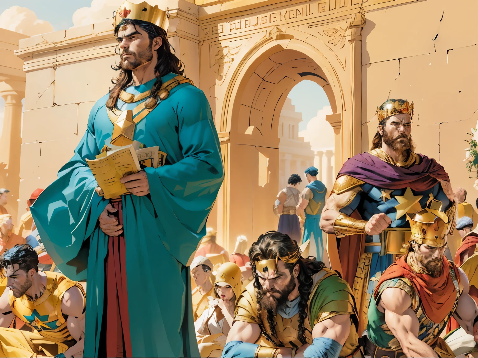 There's a man standing with a crown on his head. There are many people kneeling. biblical costumes. In the background there is a man standing. biblical setting. biblical style. Marvel comic book style.