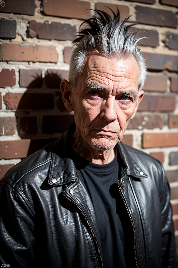 Very old punk man 100 years old, gray mohawk, old leather jacket, black T-shirt with graffiti, bracelets on her wrists, stands against a brick wall, eye contact, looks at the viewer, masterpiece, best quality, perfect detail, perfect face detail,  perfect eye detail, perfect skin detail, depth of field, perfect lighting