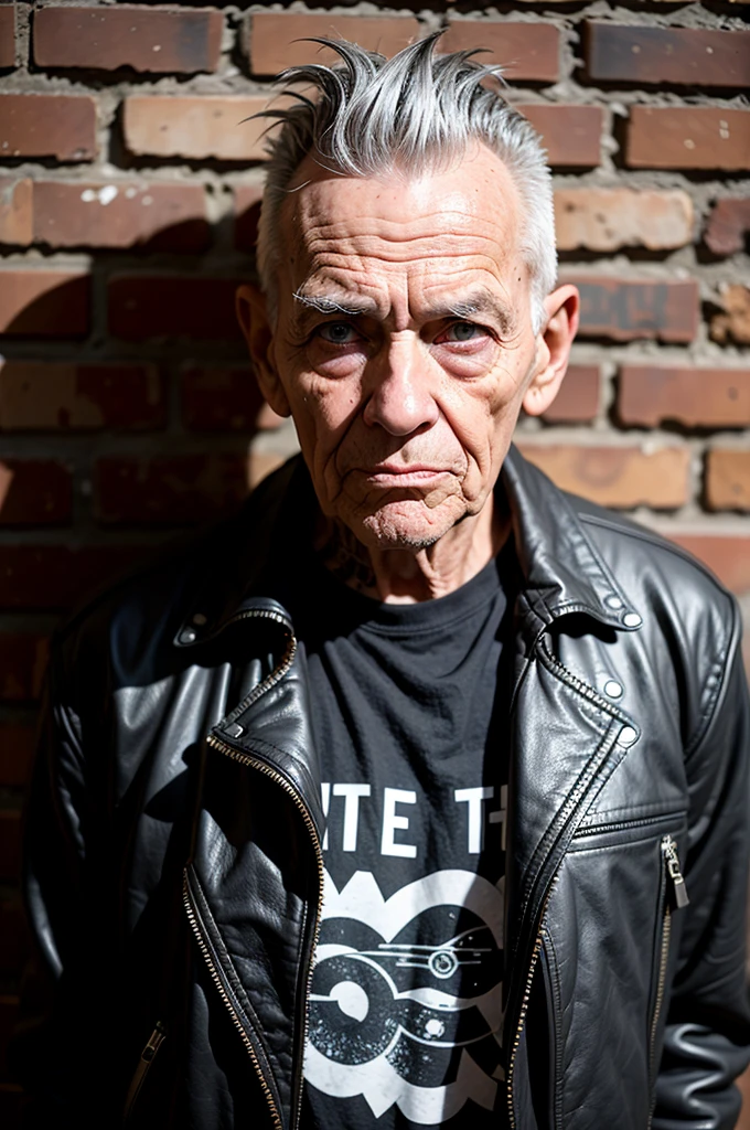Very old punk man 100 years old, gray mohawk, old leather jacket, black T-shirt with graffiti, bracelets on her wrists, stands against a brick wall, eye contact, looks at the viewer, masterpiece, best quality, perfect detail, perfect face detail,  perfect eye detail, perfect skin detail, depth of field, perfect lighting