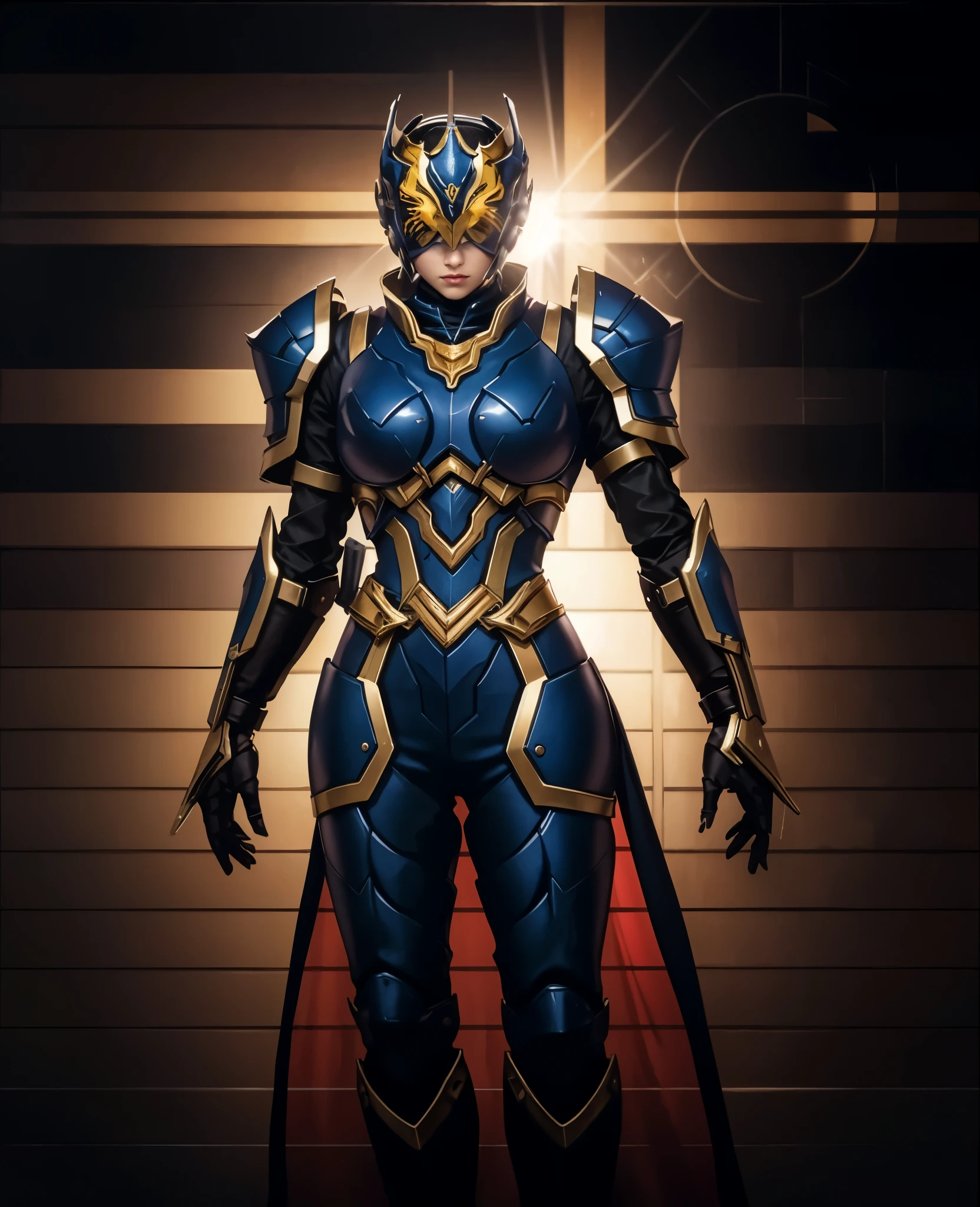A woman adorned in fantasy-style full-body armor, a crown-concept fully enclosed helmet that unveils only her eyes, a composite layered chest plate, fully encompassing shoulder and hand guards, a lightweight waist armor, form-fitting shin guards, the overall design is heavy-duty yet flexible, the armor gleams with a golden glow, complemented by red and blue accents, exhibiting a noble aura, she floats above a fantasy-surreal high-tech city, this character embodies a finely crafted fantasy-surreal style armored hero in anime style, exquisite and mature manga art style, Queen Bee Concept Armor, ((goddess, femminine)), long legs, metallic, elegant, high definition, best quality, highres, ultra-detailed, ultra-fine painting, extremely delicate, professional, anatomically correct, symmetrical face, extremely detailed eyes and face, high quality eyes, creativity, RAW photo, UHD, 32k, Natural light, cinematic lighting, masterpiece-anatomy-perfect, masterpiece:1.5