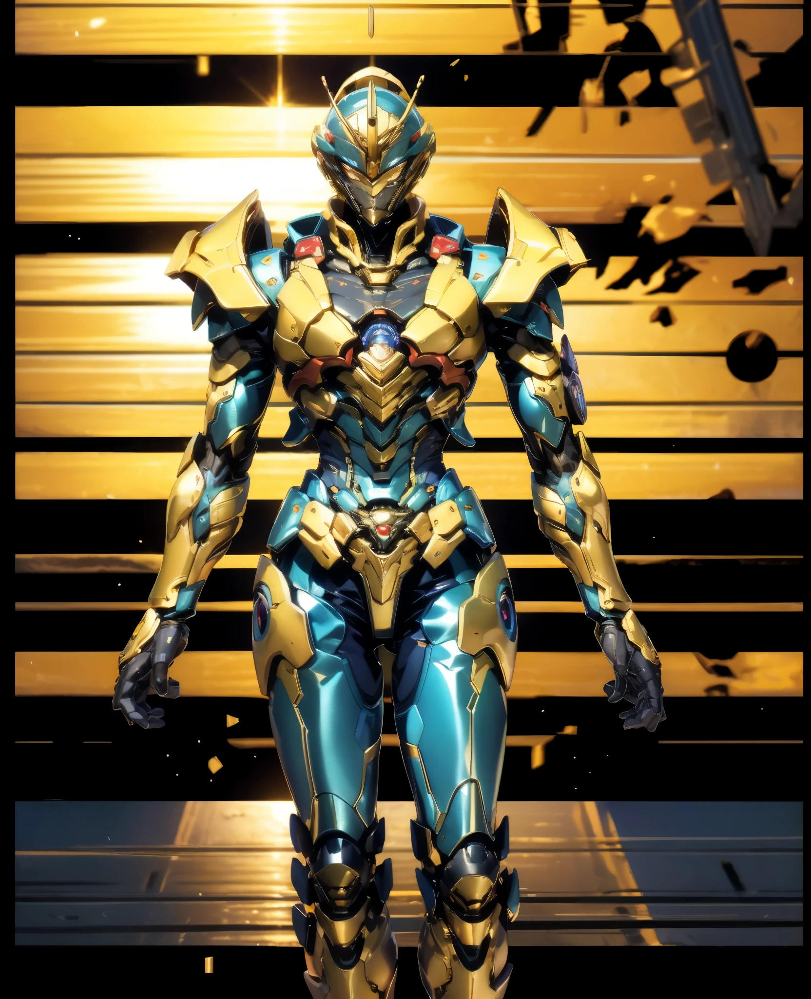A woman adorned in fantasy-style full-body armor, a crown-concept fully enclosed helmet that unveils only her eyes, a composite layered chest plate, fully encompassing shoulder and hand guards, a lightweight waist armor, form-fitting shin guards, the overall design is heavy-duty yet flexible, the armor gleams with a golden glow, complemented by red and blue accents, exhibiting a noble aura, she floats above a fantasy-surreal high-tech city, this character embodies a finely crafted fantasy-surreal style armored hero in anime style, exquisite and mature manga art style, Queen Bee Concept Armor, ((goddess, femminine)), long legs, metallic, elegant, high definition, best quality, highres, ultra-detailed, ultra-fine painting, extremely delicate, professional, anatomically correct, symmetrical face, extremely detailed eyes and face, high quality eyes, creativity, RAW photo, UHD, 32k, Natural light, cinematic lighting, masterpiece-anatomy-perfect, masterpiece:1.5