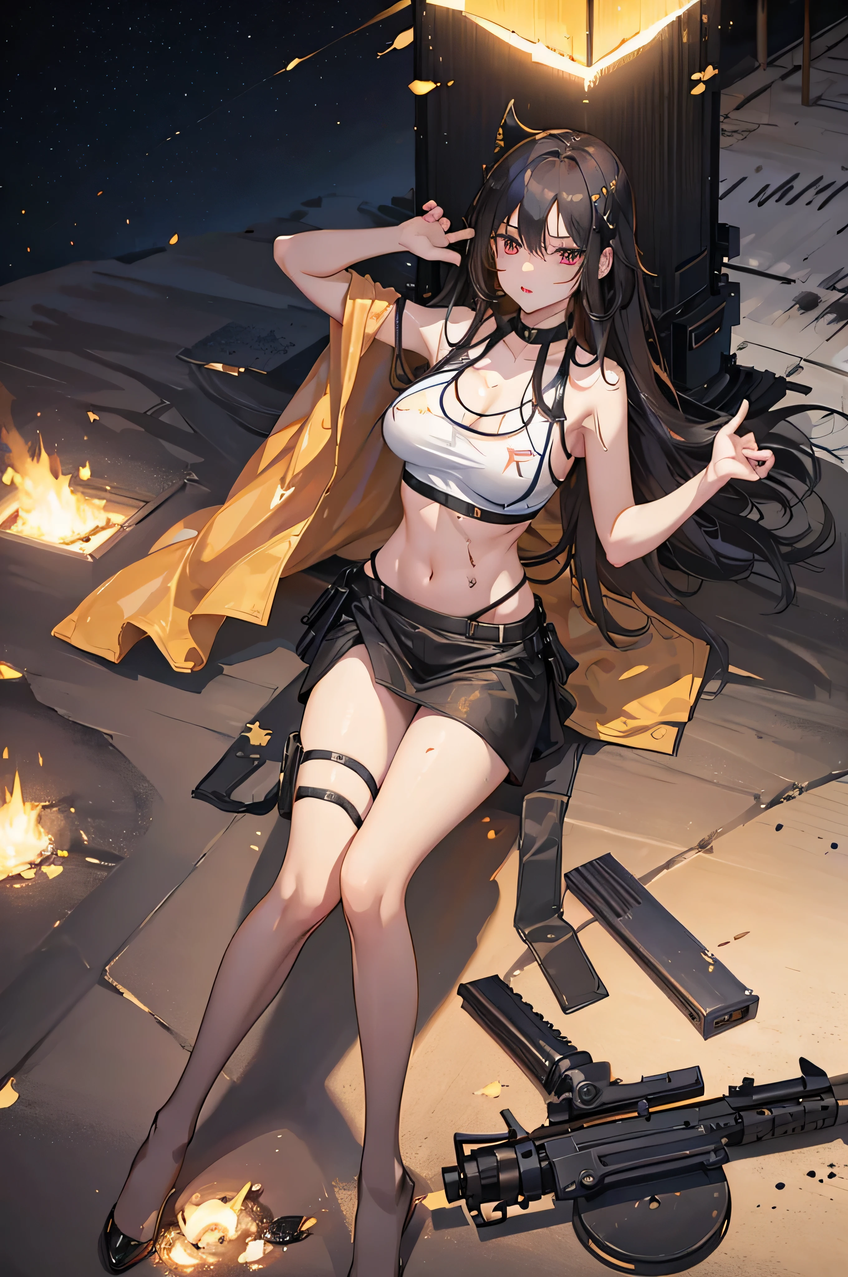 ((masterpiece, highest quality:1.3)),cowboy shot,20 year old beauty、solo,((very small head)),dark blue hair,long hair,black eyes,blunt bangs,medium breasts,((long body,slender body)),skinny,shiny skin,oily skin,sweat,Black tight tank top、Navel exposed、Black leather micro mini shorts、gunbelt,equipped with automatic rifle、sitting,camp、Bonfire、Collapsed building、Ruined Tokyo、End of the World、at night、
