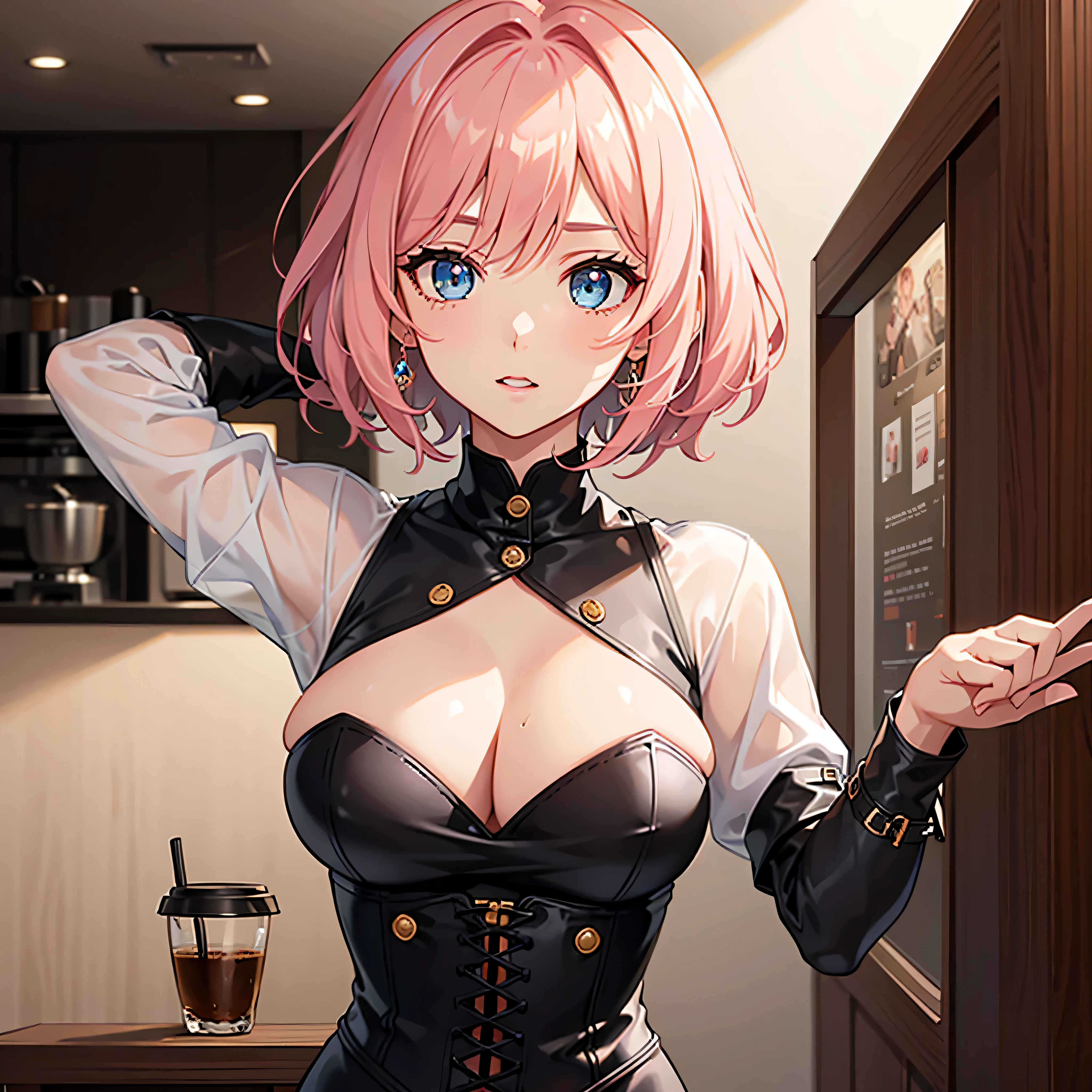 1girl, very light pink hair, short hair, hands behind head, best quality, 4K wallpaper, masterpiece, extremely detailed CG unity 8k wallpaper, extremely detailed eyes, dynamic pose, ultra-detailed, intricate details, masterpiece, skindentation, best quality, expressive eyes, perfect face, soft pink lips, barista, detailed pink gingham mini skirt, detailed black leather corset top, detailed coffee shop, airy, light, large detailed blue eyes, large breasts, cleavage, thick thighs,