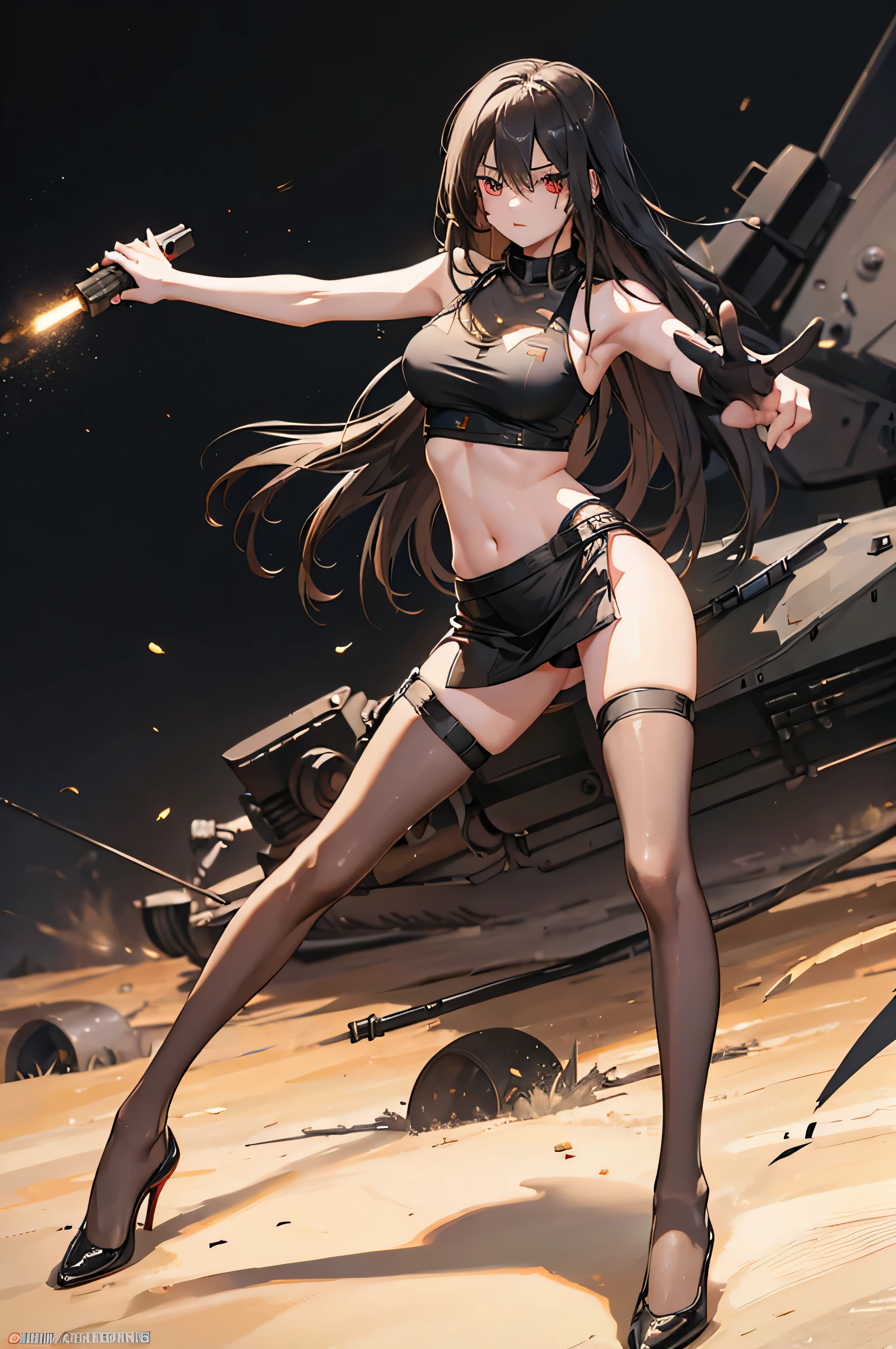 1 girl, military tank top, long hair ,black hair, black eyes, holding an M16 gun, Wallpaper, terrain, blood, blood splatter, depth of field, at night, light particles, light rays, On the side of the road, thigh, luck \, ****, , thighสูง, Cloud, crawl,Military Pants, Military boots , Raise both arms.
