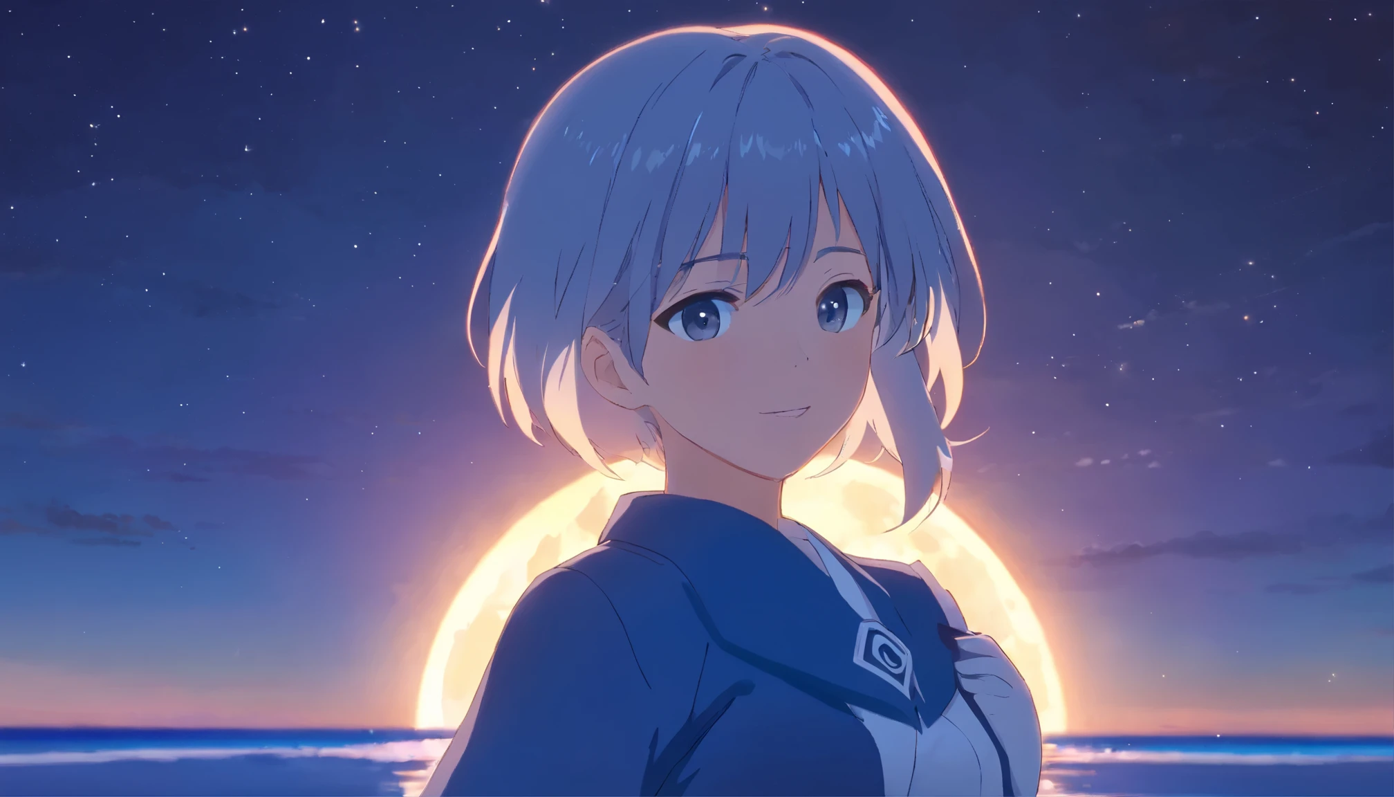 long hair,night,full moon,silver haired girl,uniform,slight smile,View photos taken
