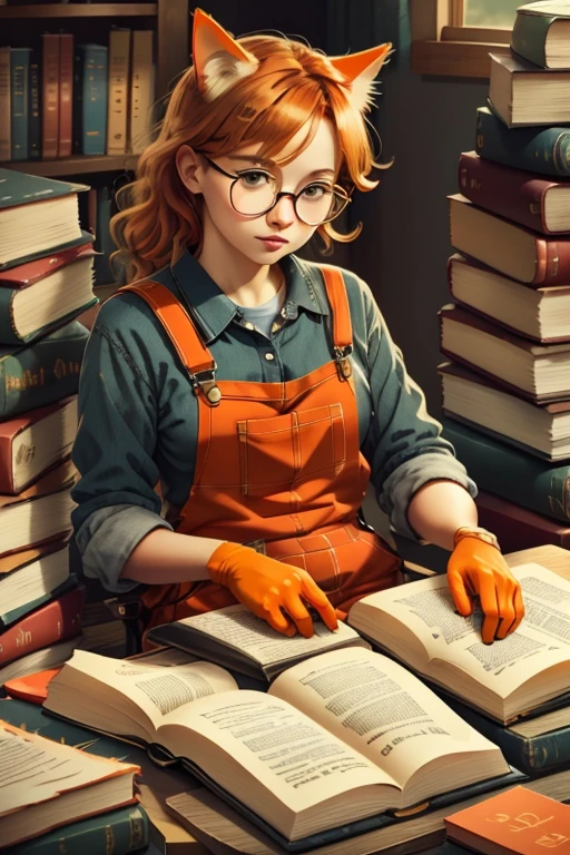 "The little orange cat wears black-rimmed round glasses,Wearing plaid overalls,Thinking,Sitting next to the pile of books looks particularly bookish。"