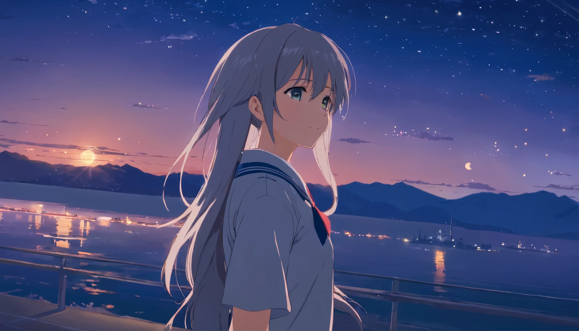long hair，night，full moon，silver haired girl，uniform，slight smile，View photos taken