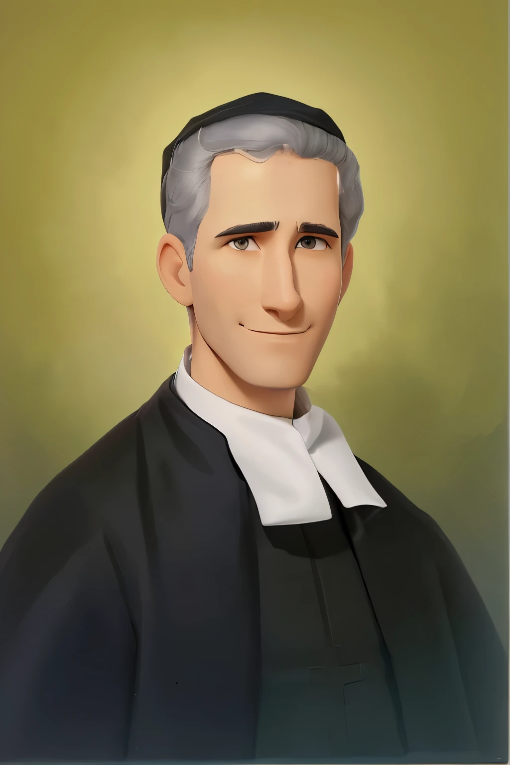 a cartoon of a man in a black robe and a white collar, henri berthaut, portrait gracious saint, Saint Miguel Febres Cordero, (wearing a black skullcap), portrait image,