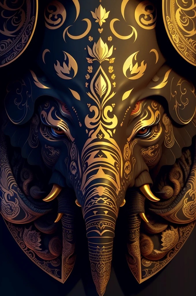 Elephant, extremely detailed and intrincate design, coat of arms. Colorful line art, fractal like, tattoo like design on the elephant. Golden and many colours. Some gold wodden lotus around. Black background.