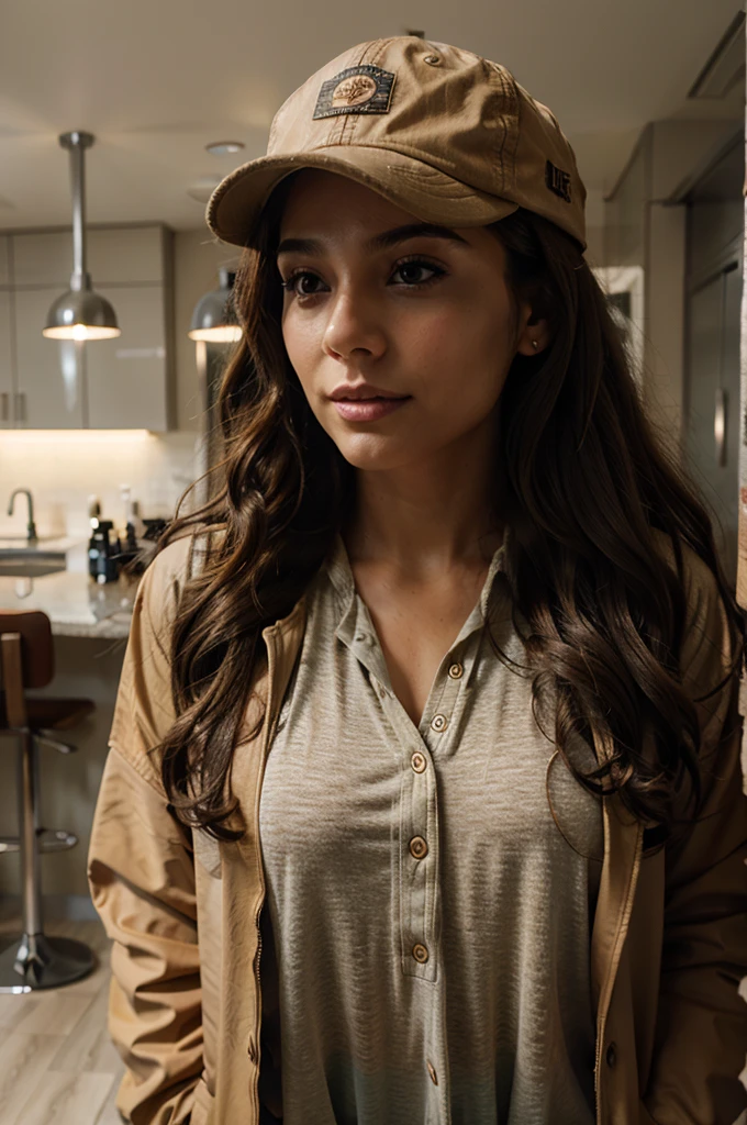 woman, long hair, curly hair, tan jacket, cap