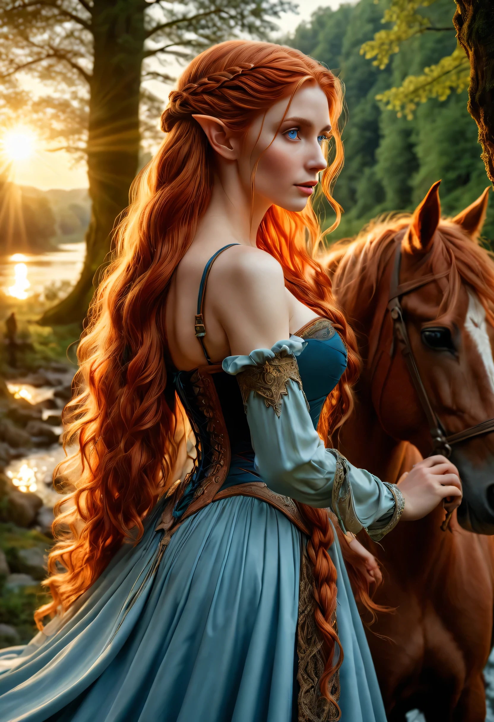 MULHER ELFA DE TOLKIEN, orelhas de elfo, Detailed high cheekbones, FORAME MENTAL, HUGE LONG BRAIDED RED HAIR, Olhos azuis claros, ADORABLE FACE EXPRESSION, VESTIDO LONGO MEDIEVAL AZUL, vista lateral do corpo, espartilho, Cavalos, FLORESTA PROFUNDA, Lindo rio, sunset, LUZES DE FUNDO, vestido medieval, History , obra de arte