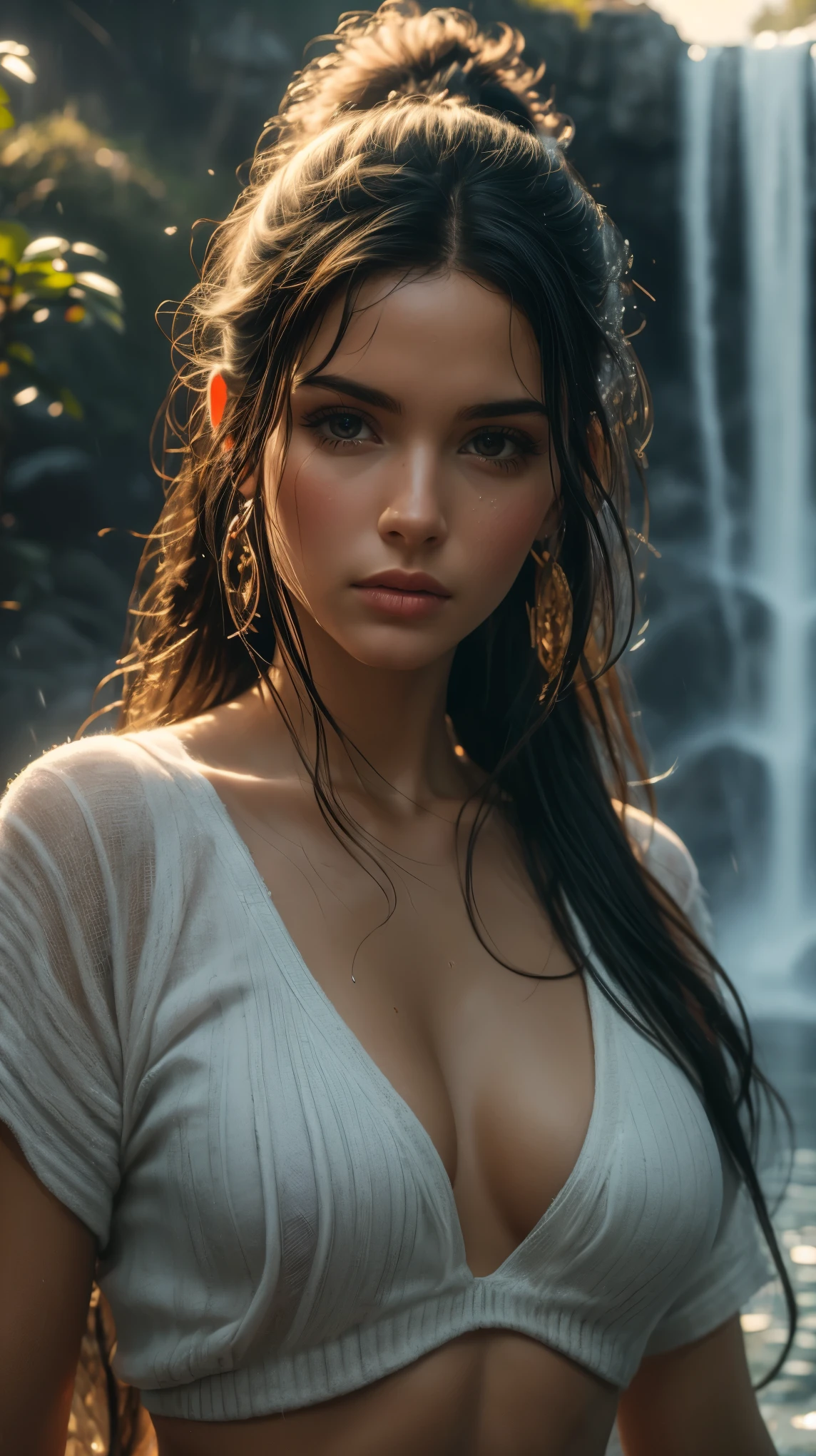 (((ultra realistic))), ((ultra-detailed face and eyes: 1.3)) ,(native girl), with very long thick hair, (feathers in hair), ((few clothes)) , ((indigenous clothing)) ,  Slim waist, (wet skin and clothes) , Near the waterfall, rain, mysterious atmosphere (sunlight, day), contrasting, ((ultra-detailed)), ((Skin detailing)), (scene from a movie about ancient people), (in detail) 