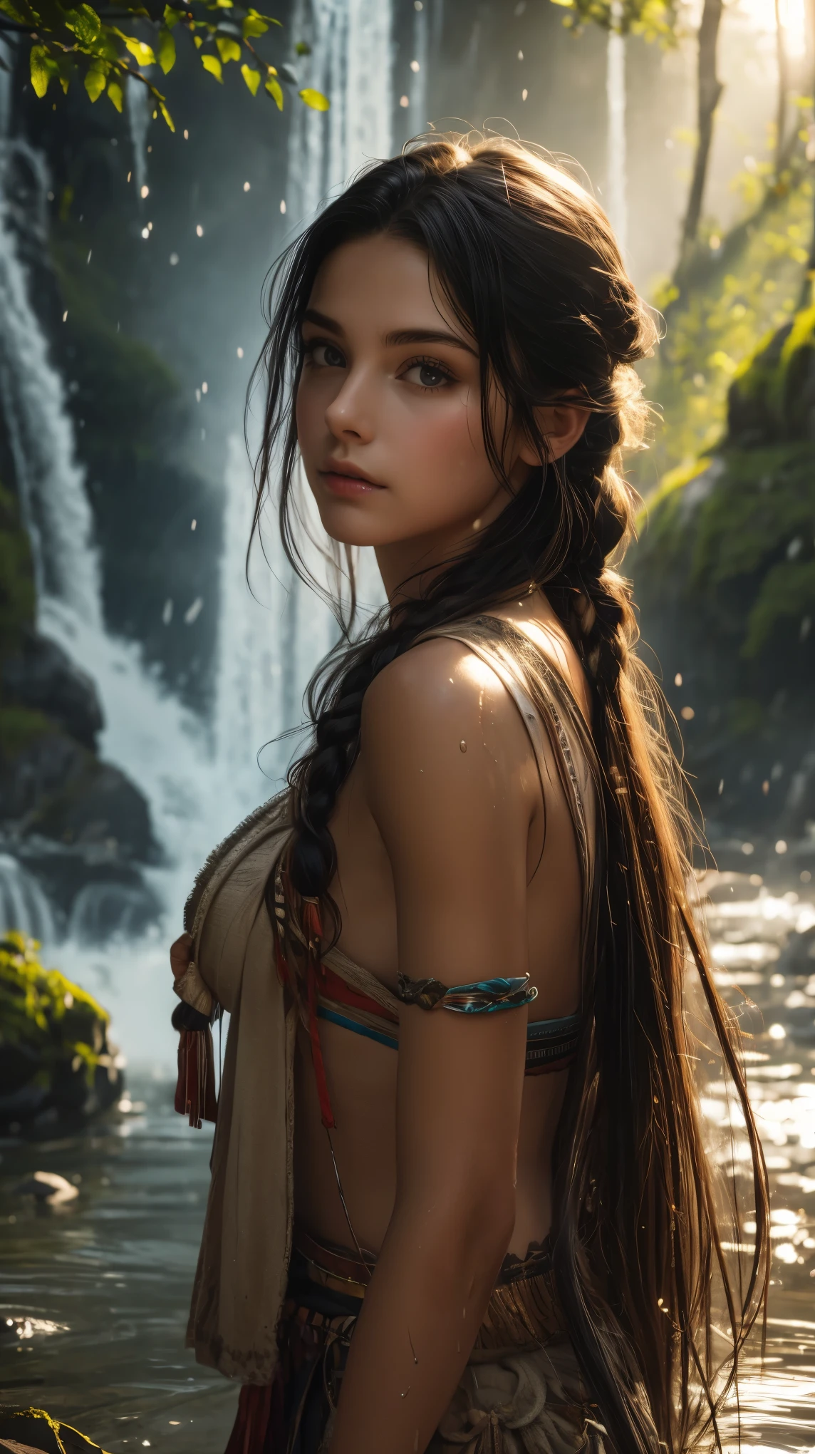 (((ultra realistic))), ((ultra-detailed face and eyes: 1.3)) ,(native girl), with very long thick hair, (feathers in hair), ((few clothes)) , ((indigenous clothing)) ,  Slim waist, (wet skin and clothes) , Near the waterfall, rain, mysterious atmosphere (sunlight, day), contrasting, ((ultra-detailed)), ((Skin detailing)), (scene from a movie about ancient people), (in detail) 