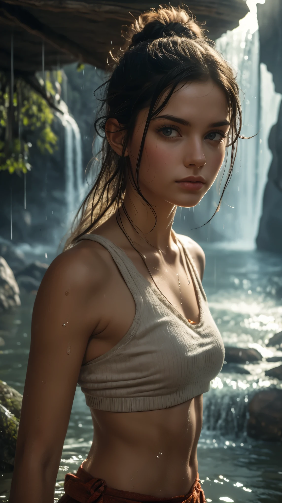 (((ultra realistic))), ((ultra-detailed face and eyes: 1.3)) ,(native girl), with very long thick hair, (feathers in hair), ((few clothes)) , ((indigenous clothing)) ,  Slim waist, (wet skin and clothes) , Near the waterfall, rain, mysterious atmosphere (sunlight, day), contrasting, ((ultra-detailed)), ((Skin detailing)), (scene from a movie about ancient people), (in detail) 