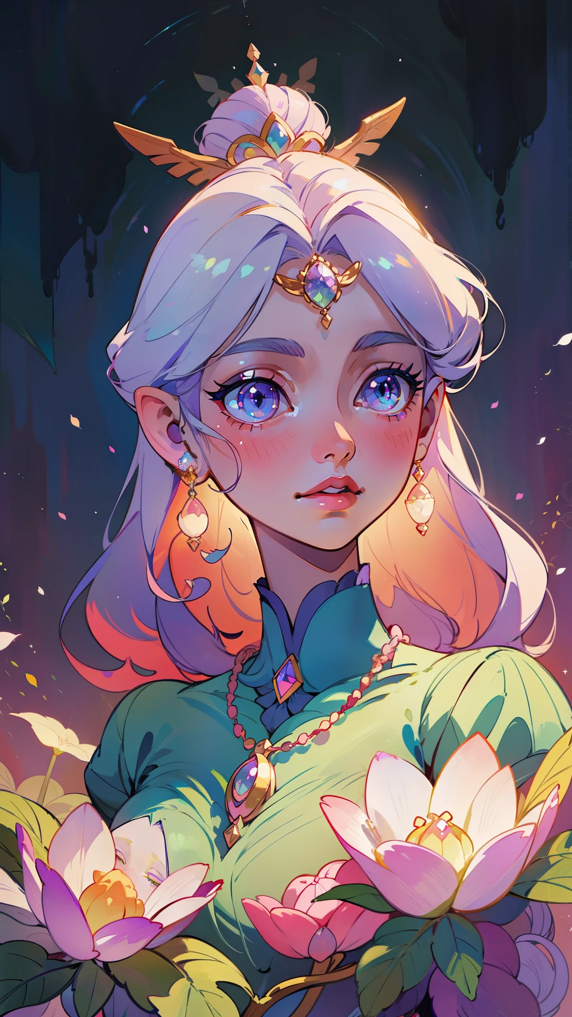 high-quality,ultra-detailed,beautiful detailed eyes,beautiful detailed lips,extremely detailed eyes and face,longeyelashes,medium:oil painting,portrait,colorful,soft lighting,princess,February theme,purple dress,tiara,graceful,ethereal,royal,blossoming flowers,fantasy,regal,enchanted garden,hairstyle with flowers,romantic atmosphere,lunar-inspired background,vivid colors,floral patterns,luxurious jewelry,dreamlike,gentle smile,celestial,pearl necklace,sparkling,delicate features,majestic,elven-like,serene expression,glowing,February birthstone,pastel colors,soft shadows,tranquil,graceful pose,fairy tale