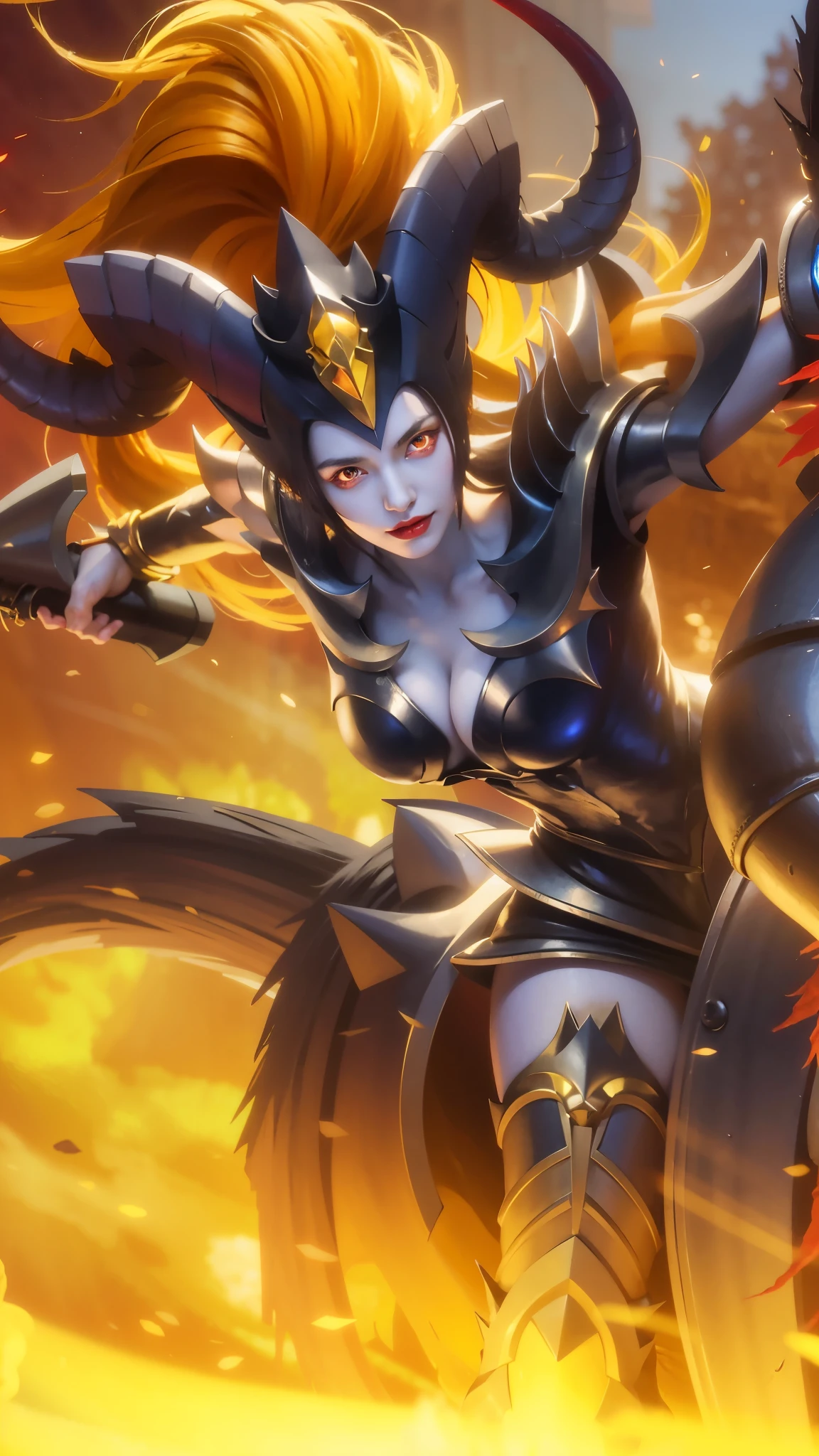(female:1.2), 8k, ultra hd, ultra detailed texture, hyper realistic, masterpiece, detailed texture, detailed face, detailed skin, detailed lighting, (photorealistic:1.5), best quality, beautiful lighting, cinematic lighting, professional lighting, ultra highres, realistic, detailed hair, real hair, high quality, (realskin:1.5), extremely detailed, finely detail, ultra-detailed, 1girl, solo, elf, pointy ears, standing, demon horns, forehead protector, (red eyes:1.5), v-shapped eyebrow, lips, red lips, evil smile, nose, make up, pretty, beautiful, cute face, long hair, blue hair, high ponytail, large breasts, cleavage, armpit, navel, stomach, black armor, pauldrons, bare shoulders, shoulder armor, thigh high, sleevless, detached sleeves, breastplate, gauntlets, karina \(mobile legends\), depth of field, looking aways, white skin, skin tight, amazing pose, outdoors, glowing, dark view.